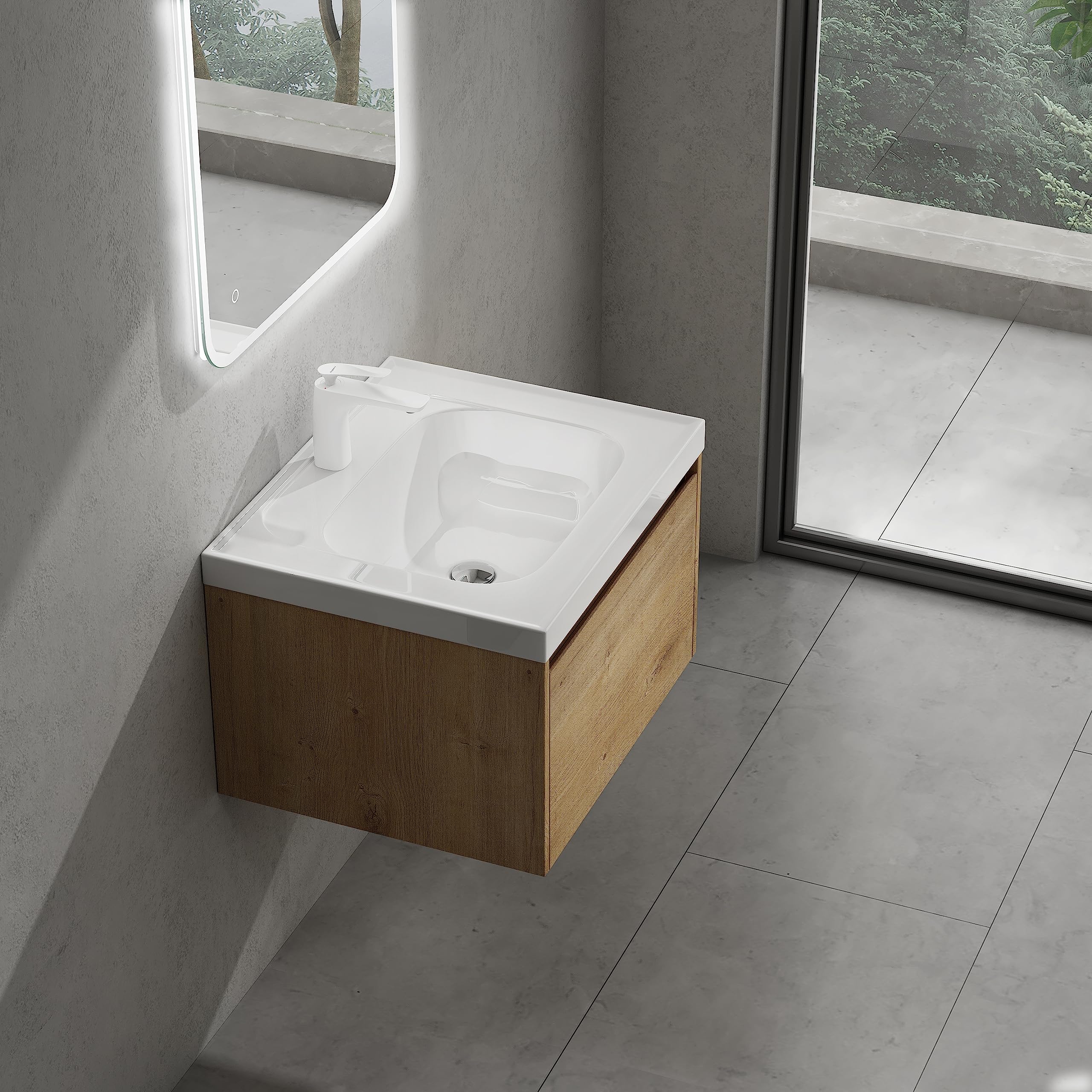 doporro Meuble de Salle de Bains Marron Clair Ensemble de 2 Pièces Meuble Suspendu avec Lavabo 80cm avec Soft-close Design Salerno