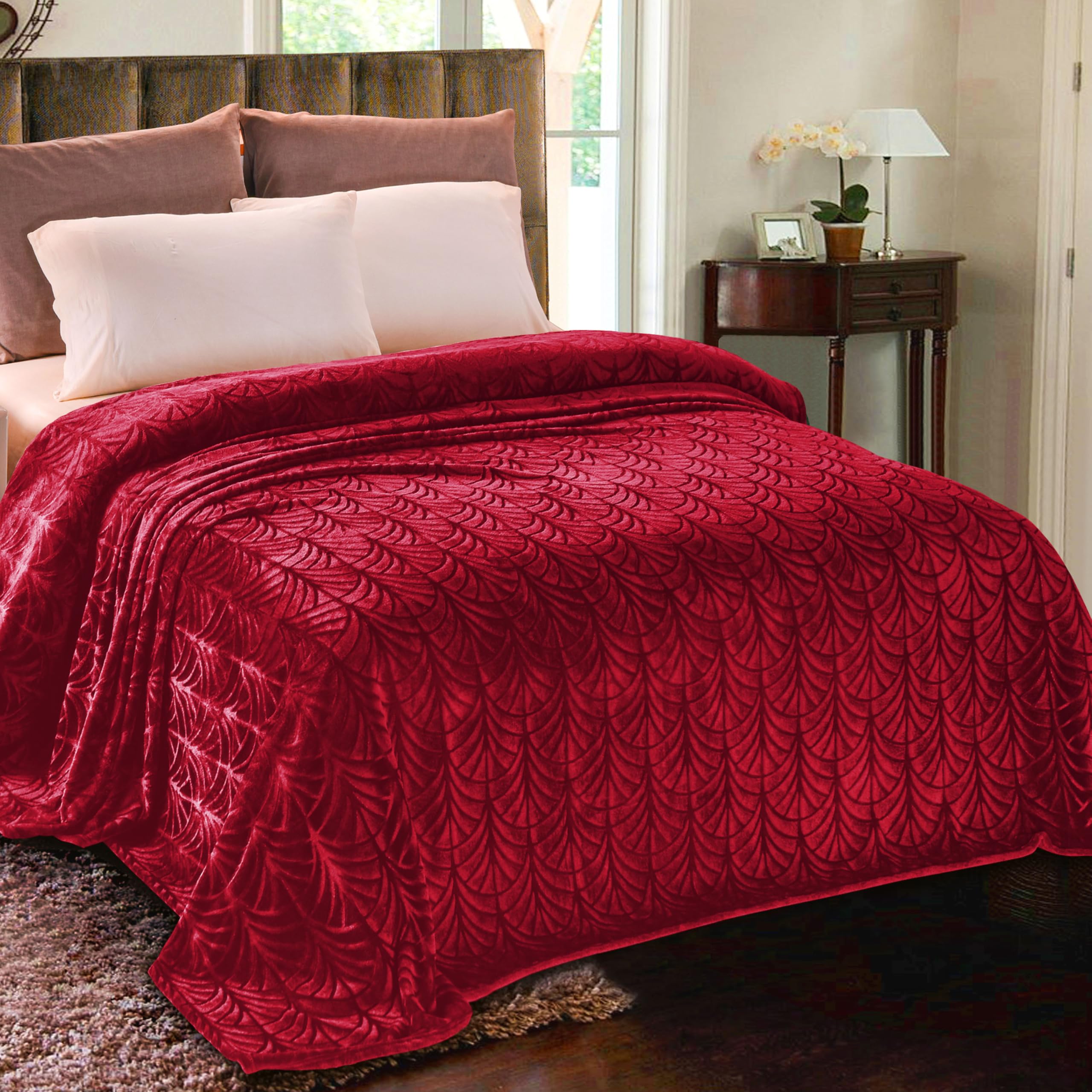 Whale Flotilla Flannel Fleece Queen Size Blanket for Bed, Soft Fluffy Velvet Bedspread Coverlet with Decorative Vintage Pattern for All Season, Warm and Lightweight, 90x90 Inch, Red