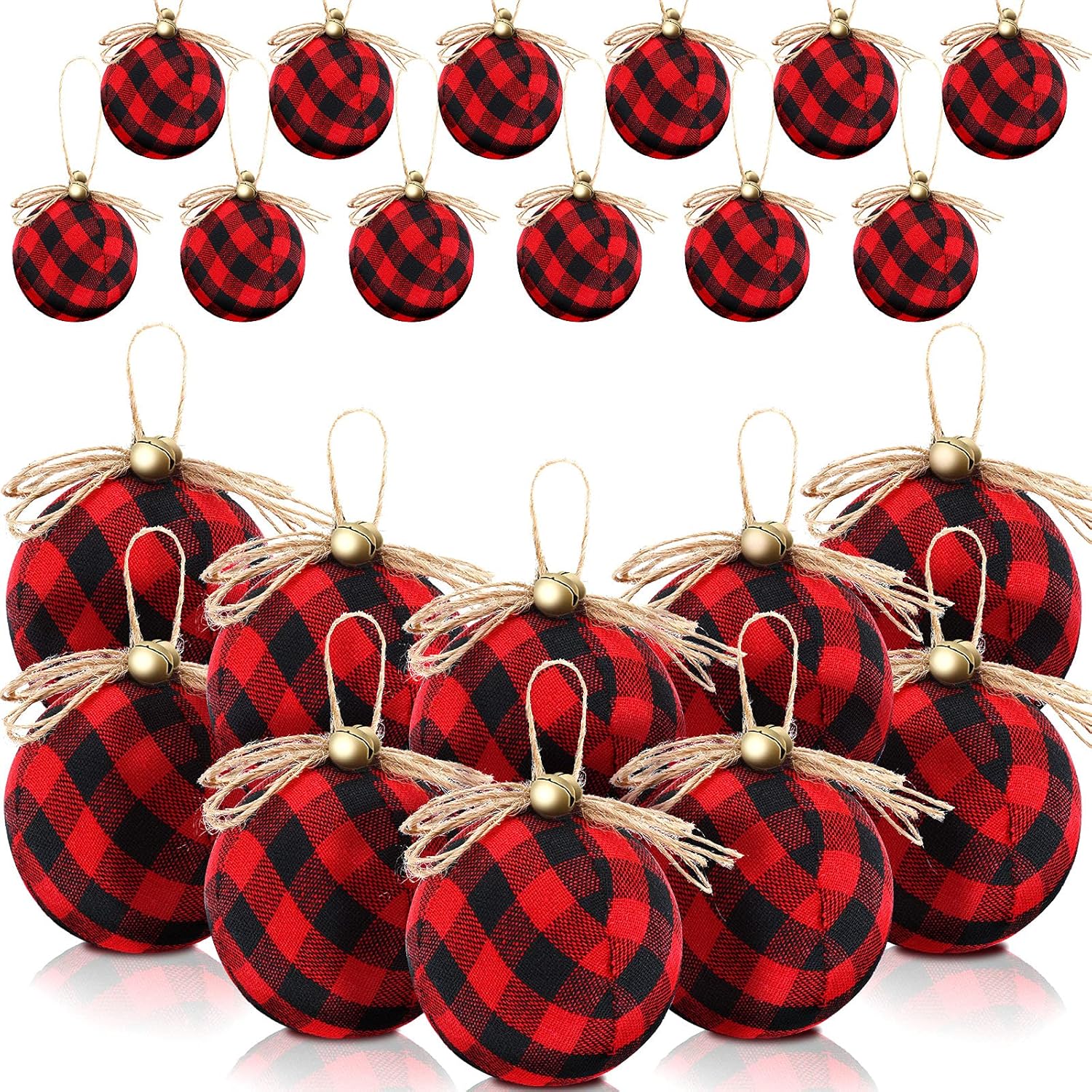 16 Pieces Christmas Ball Ornaments Buffalo Plaid Tree Hanging Decorations Xmas Rustic Decorative Ball Ornaments Christmas Tree Decorations with Bell for Xmas Party Supplies