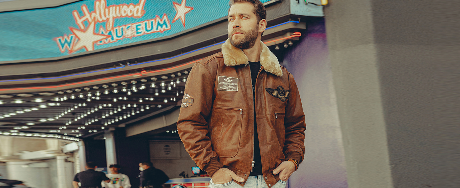 FLAVOR Men's Real Leather Bomber Jacket with Removable Fur Collar