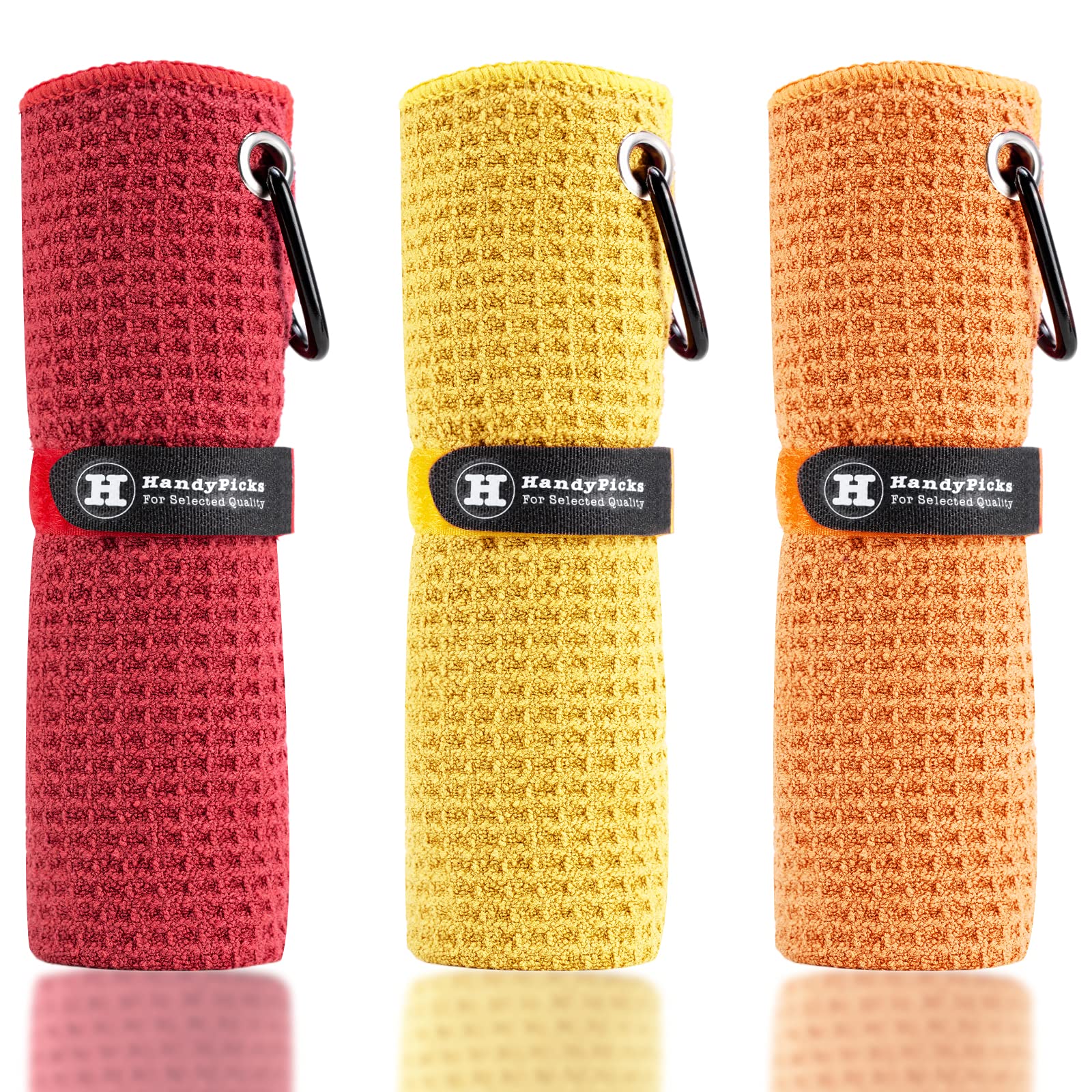 Handy Picks Microfiber Golf Towel (16" X 16") with Carabiner Clip, Waffle Pattern Golf Towel Hook and Loop Fastener - The Convenient Golf Cleaning Towel Red/Yellow/Orange