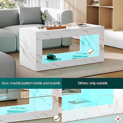 Miniatura 5 de Mesas de centro para sala de estar, moderna mesa central con estampado de mármol de alto brillo con almacenamiento abierto y luces LED, elegante