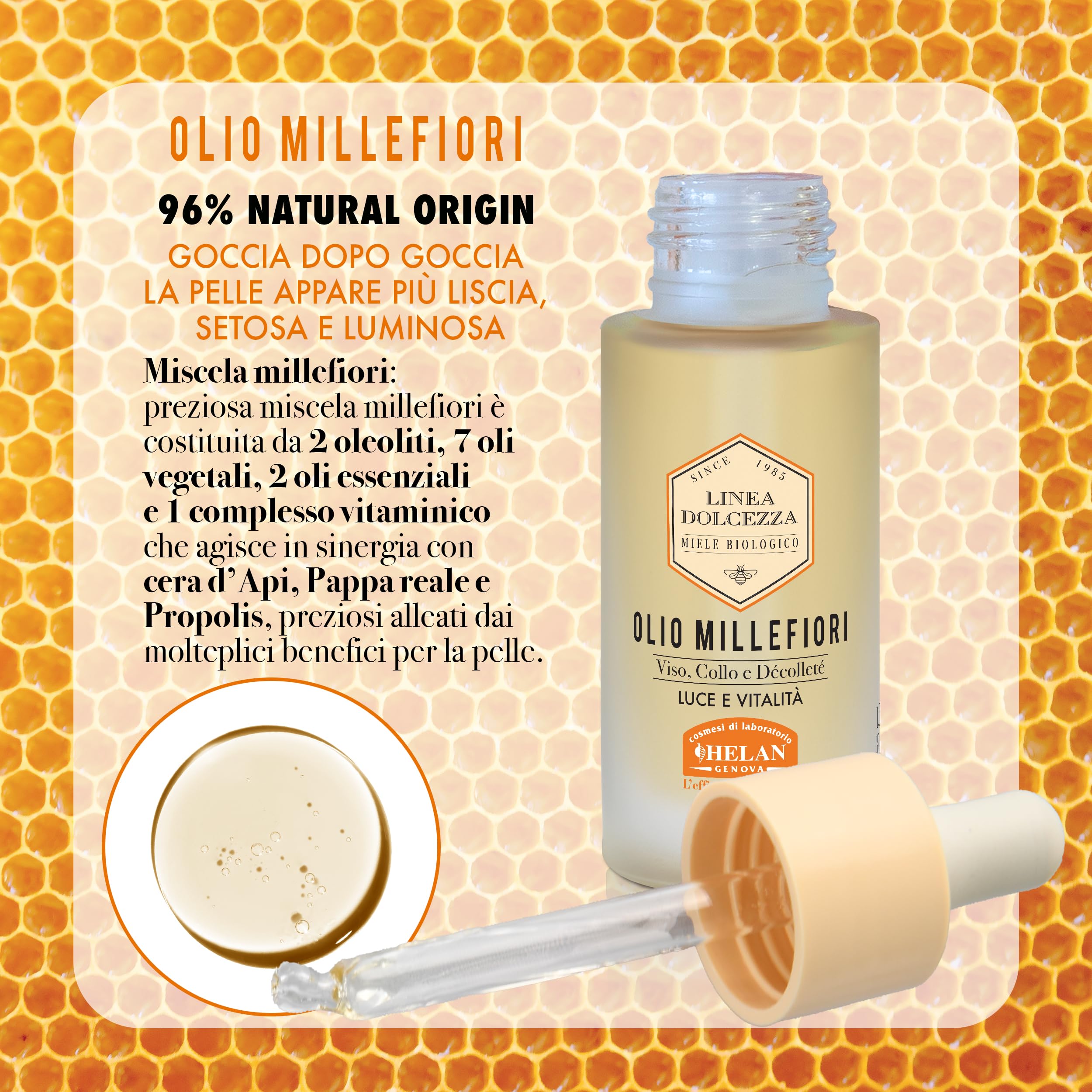 Helan Linea Dolcezza - Olio Viso, Collo e Décolleté Millefiori, Idratante e Antirughe, con Cera d’Api e Propolis, Olio Secco a Rapido Assorbimento - Prodotti Skincare Viso, Made in Italy, 30 ml