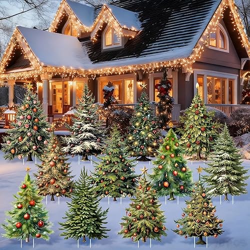 Miniatura 8 de 18 piezas de decoración de árbol de Navidad al aire libre, letreros de patio de árbol de Navidad con estacas, letreros de césped retro de Navidad