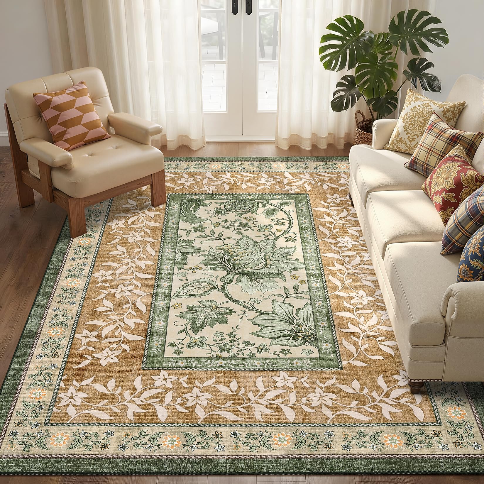 FairyStyle Vintage Floral Bordered Brown 160 x 230 cm Washable Large Area Rug, Low-Pile Faux Cashmere Rug with Non-Slip TPR Backing for Living Room, Bedroom, Dining Room and Playroom