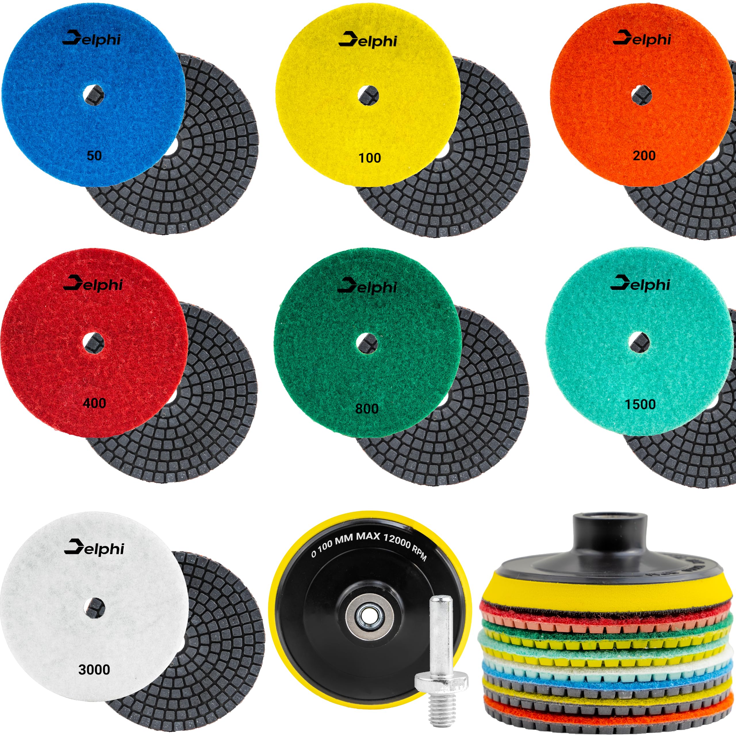 DELPHI Lot de 7 disques abrasifs diamantés humides de 100 mm pour le ponçage du grès cérame - Grain céramique 50-3000 - Avec tampon en laine M12 et gants de protection