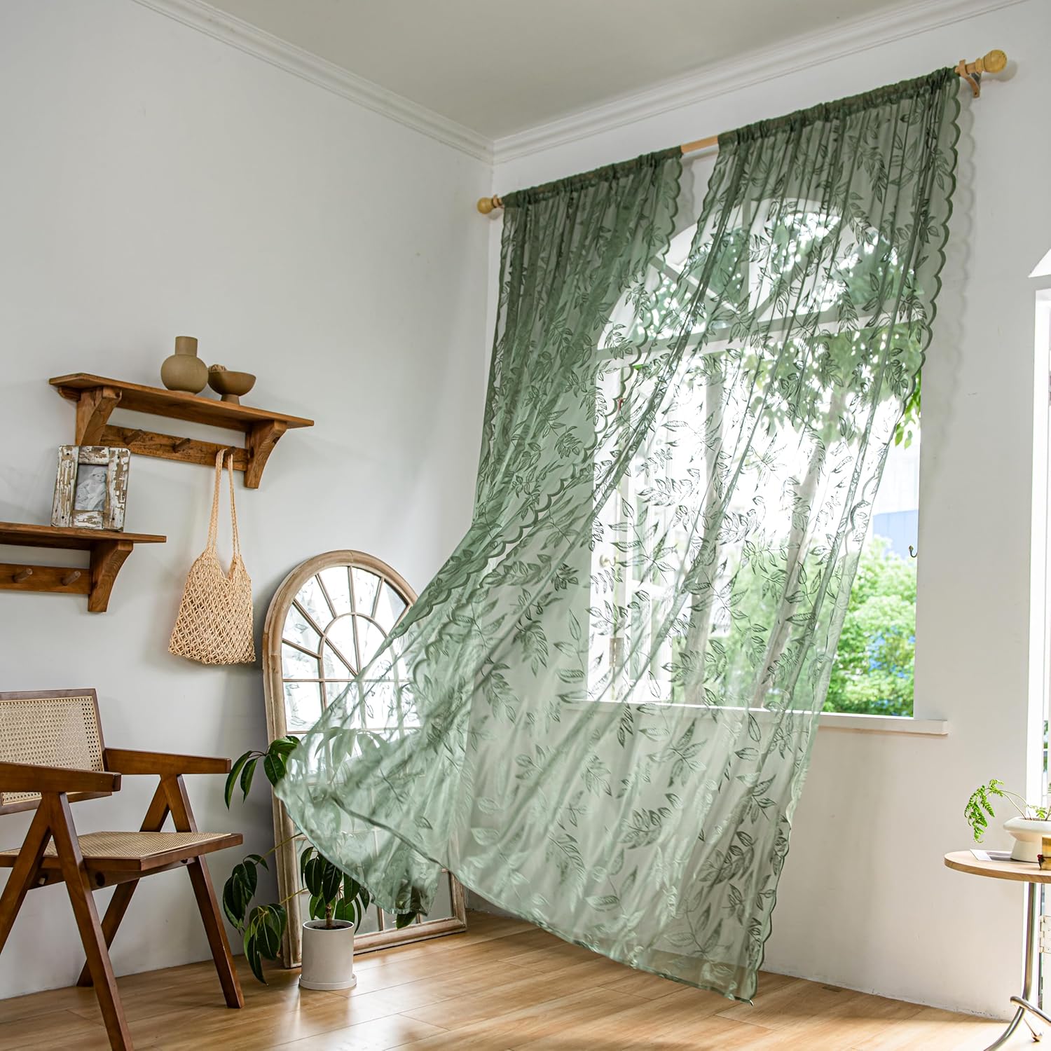 Sutuo Home Olive Green Lace Curtains 84 Inches Long for Bedroom Living Room, Leaf Embroidery Window Sheer Drapes Pair, Rod Pocket Vintage Country Window Treatments Set of 2 Panels, 57" W x 84" L