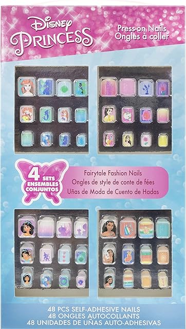 Disney Princess - Townley Girl 48 Pcs Press-On Nails Artificial False Nails Set for girls, kids and tweens with Pre-Glue Full Cover Acrylic Nail Tip Kit, Ages 6+ for Parties, Sleepovers and Makeovers