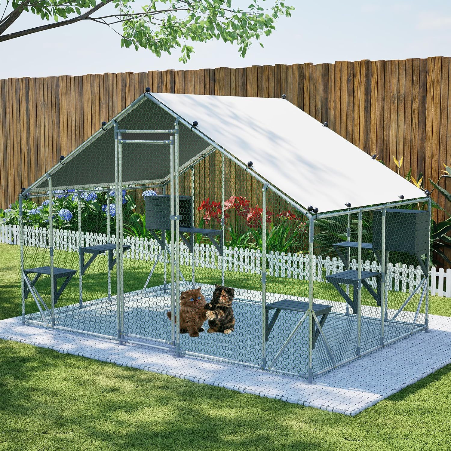 ZMAD Extra Sturdy Outdoor Metal Cat Cage – DIY Solid Wood Platform, Double Safety Lock & Enhanced Stability, Multi-Pet Use, Waterproof Tarp Included (3x2m)