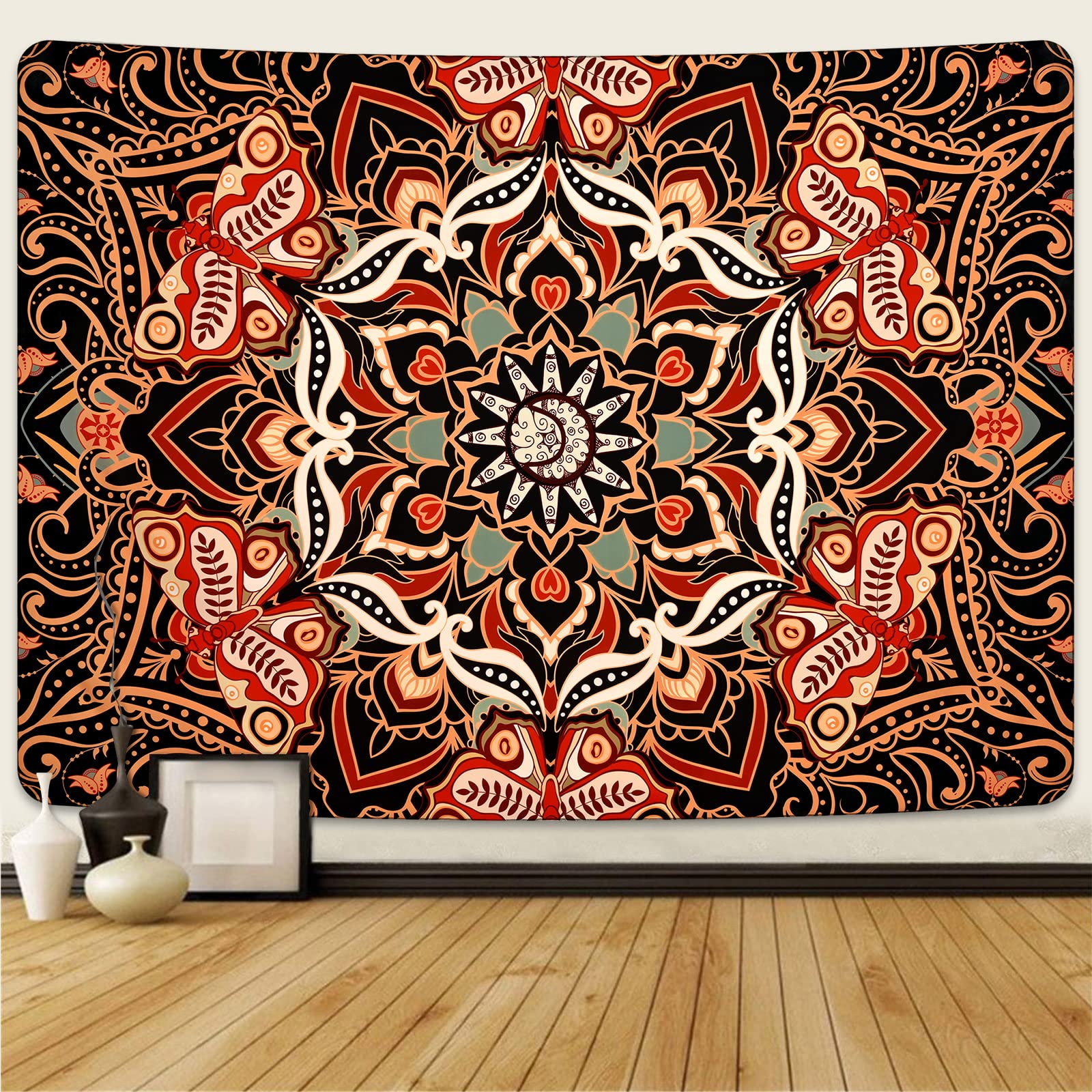 Uspring Trippy Mandala Tapestry Boho Floral Tapestries Hippie Butterfly Tapestry Bohemian Vintage Sun Tapestry Psychedelic Wall Art Tapestry for Bedroom Aesthetic (59.1 x 82.7 inches)
