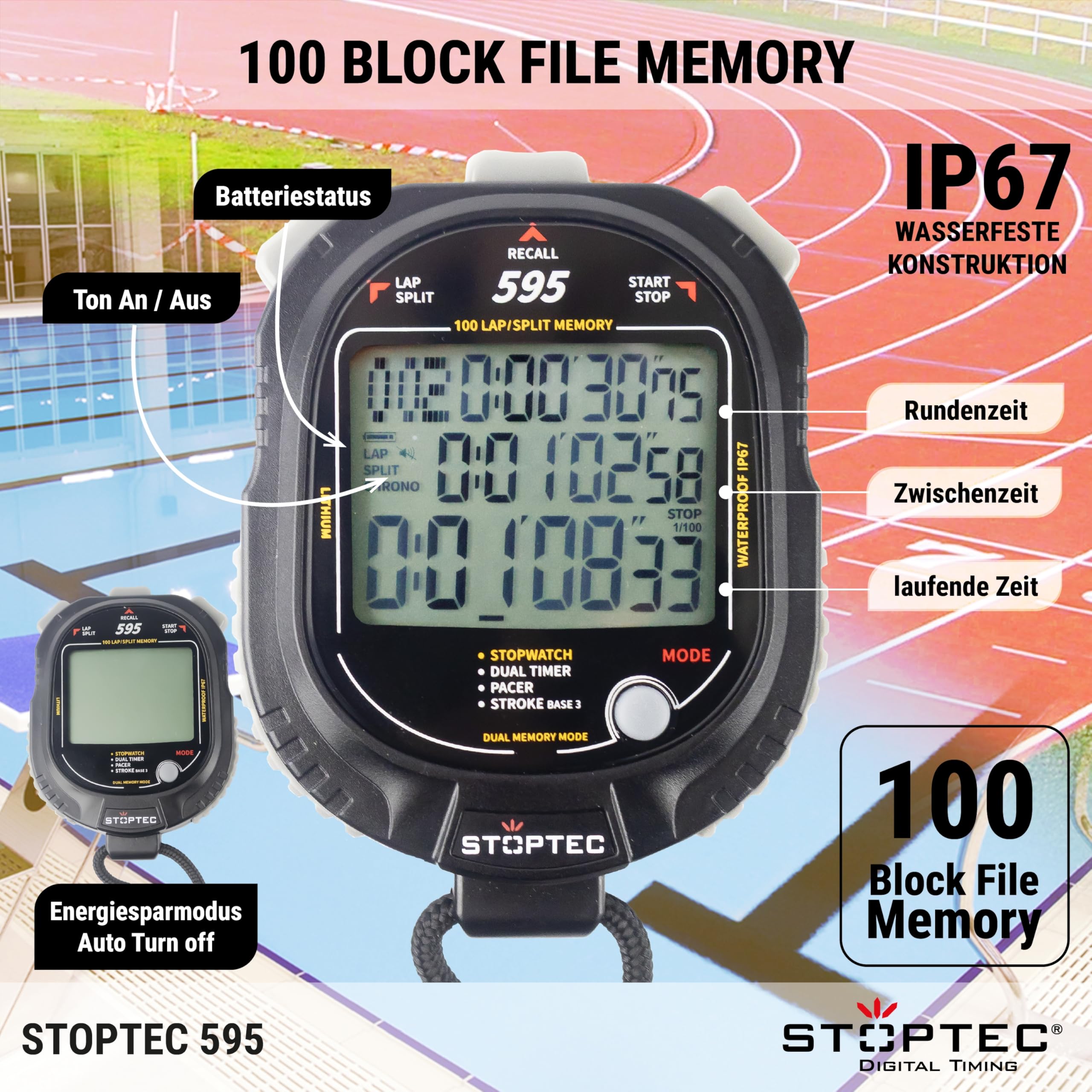 Stoptec Cronometro 595, grande display a 3 righe, meccanismo a punto di pressione, 100 memoria, doppio timer, Pacer, misurazione del numero di impatti, display e suono commutabili, resistente alla