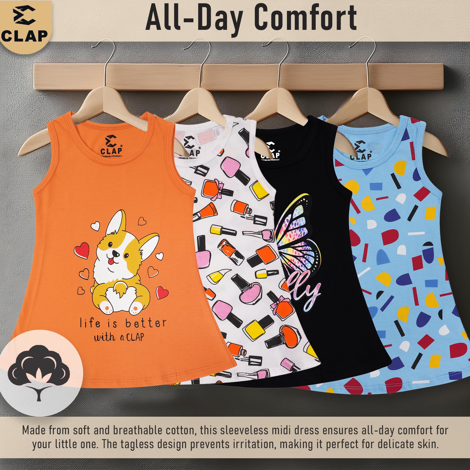 CLAP Baby Girl Cotton Printed A-Line Midi Skirt Dress Multicolor β Combo Set of 4 (Black Orange White Sky Blue, 12-18 Months)