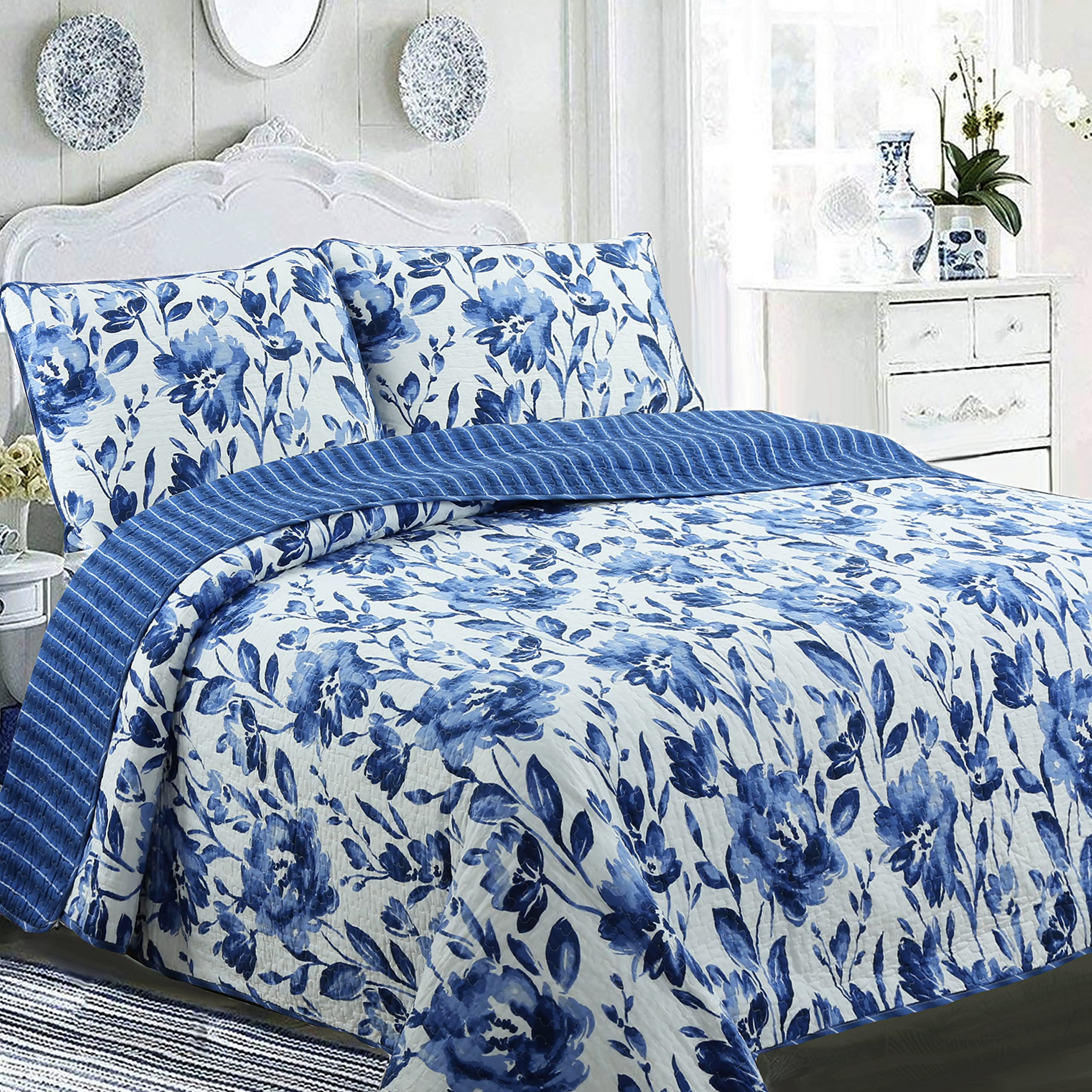 Cozy Line Home Fashions Juego De Ropa De Cama Reversible De Algodón De 3 Piezas Con Diseño Floral De Zafiro Y Flores Azules Reales