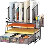 Organisateur de fichiers en maille Marbrasse à 4 niveaux avec supports de fichiers verticaux et tiroir | 5 supports de fichiers verticaux, organisateurs d'espace de travail avec tiroir et 2 porte-stylos, rangement de bureau pour bureau, école, maison (gris)