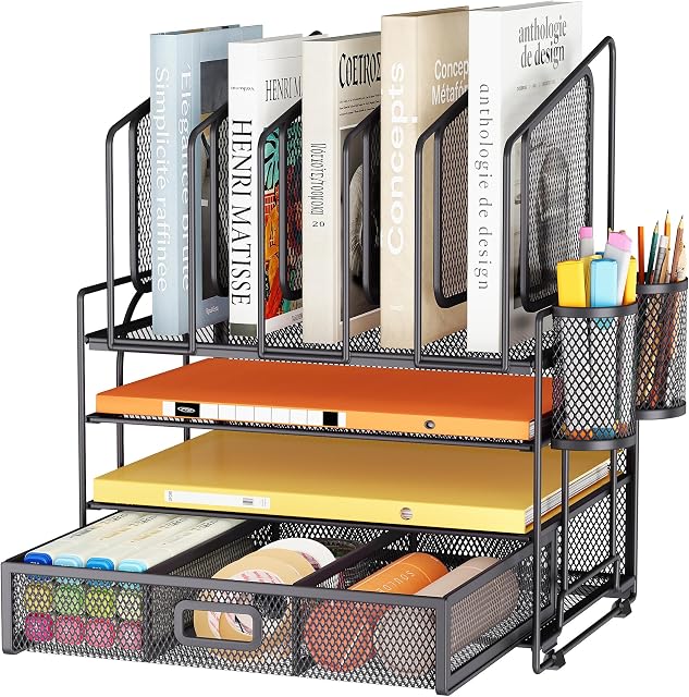 Organisateur de fichiers en maille Marbrasse à 4 niveaux avec supports de fichiers verticaux et tiroir | 5 supports de fichiers verticaux, organisateurs d'espace de travail avec tiroir et 2 porte-stylos, rangement de bureau pour bureau, école, maison (gris)
