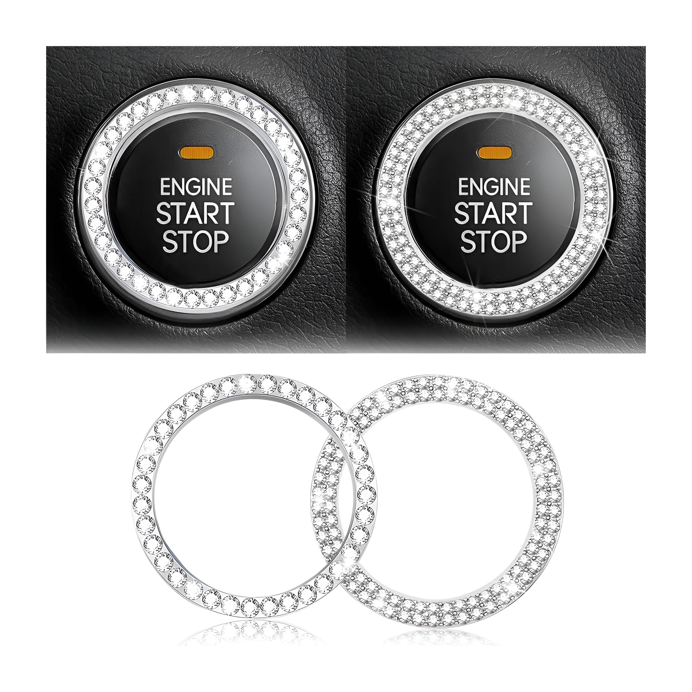 Car Bling Crystal Rhinestone Engine Start Ring Stickers, 1 Single Drainage Drill and 1 Double Drainage Drill Car Start Button Cover, Key Ignition Knob Bling Ring Decals, Car Accessories(Set Silver)