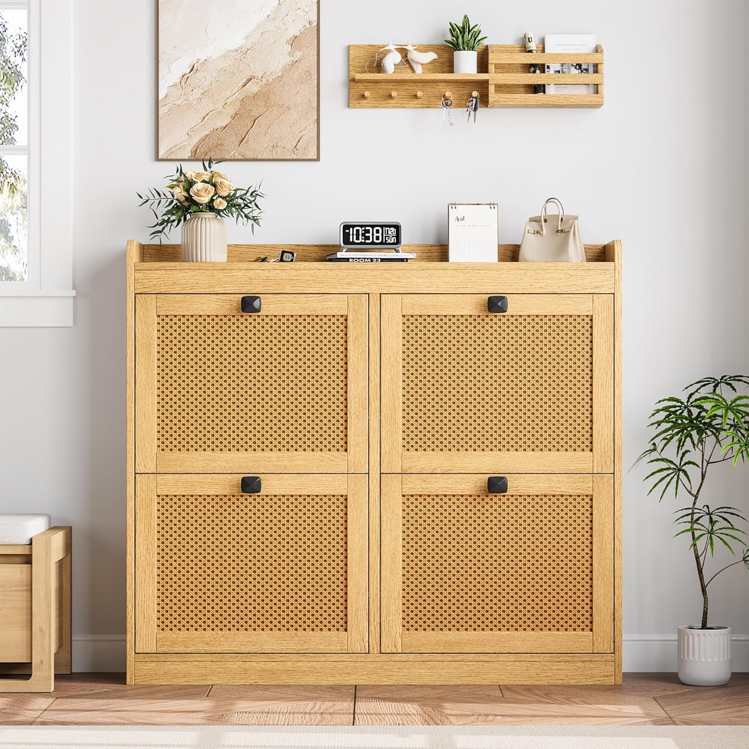 Shoe Cabinet with 4 Deep Flip Drawers, Freestanding Wooden Shoe Storage Cabinet with Rattan Door & 3-Tier Adjustable Shelves, Entryway Shoe Organizer with Hidden Storage for Hallway, Natural