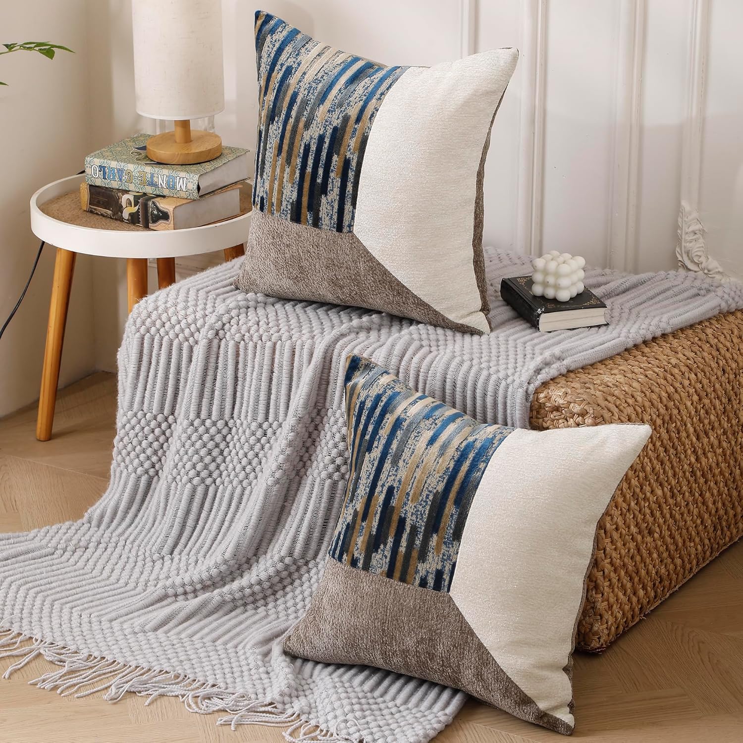Chenille Decorative Pillow Covers 18x18 Inches Set of 2 Pieces,Bohemian Farmhouse Style with Blue Striped and Khaki Lurex Patchwork, Ideal for Living Room Sofa and Bedroom Bed