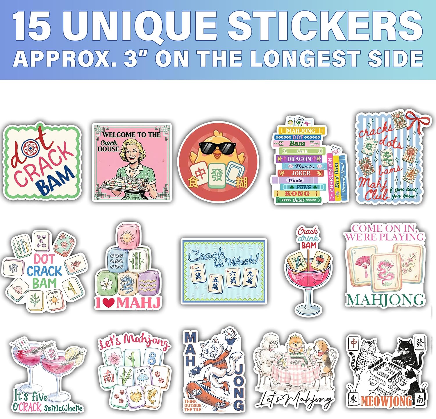 [15PCS x 3''] Funny Mahjong Stickers Chinese Mah Jong Decals Gifts for Boy Girl Decoration Decal for Water Bottle, Laptop, Scrapbooking, Skateboard, Car, Luggage, Helmet image 2