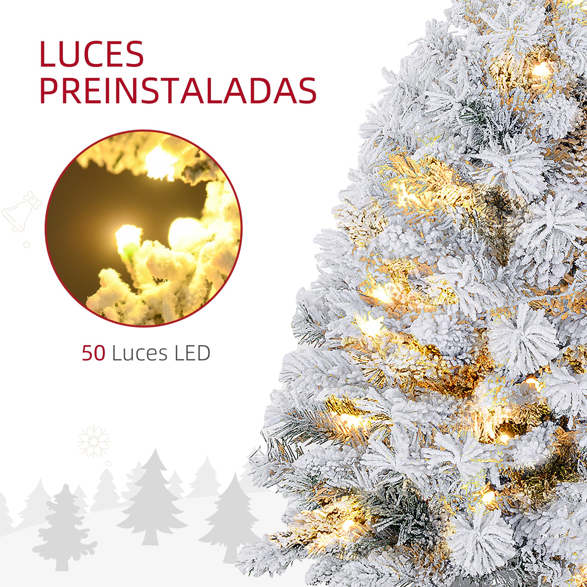 HOMCOM Árbol de Navidad 92 cm Artificial Nevado con 50 Luces LED Verde