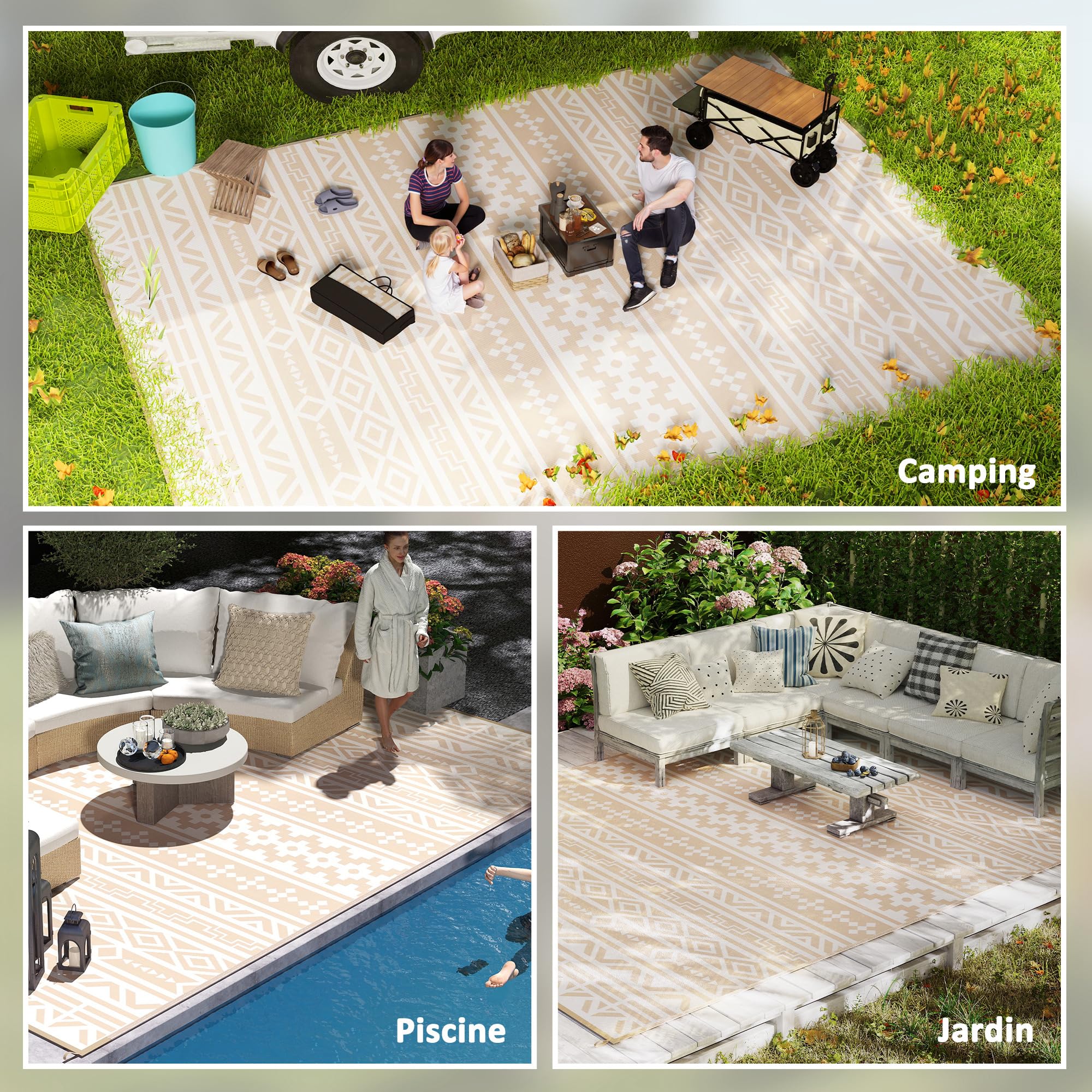 Outsunny Tapis d'extérieur réversible 3,7 x 2,7 m, Tapis de Sol au Motif Mur géométrique en PP résistant aux intempéries, Sac de Transport Inclus, Tapis extérieur terrasse, Kaki et Beige Clair