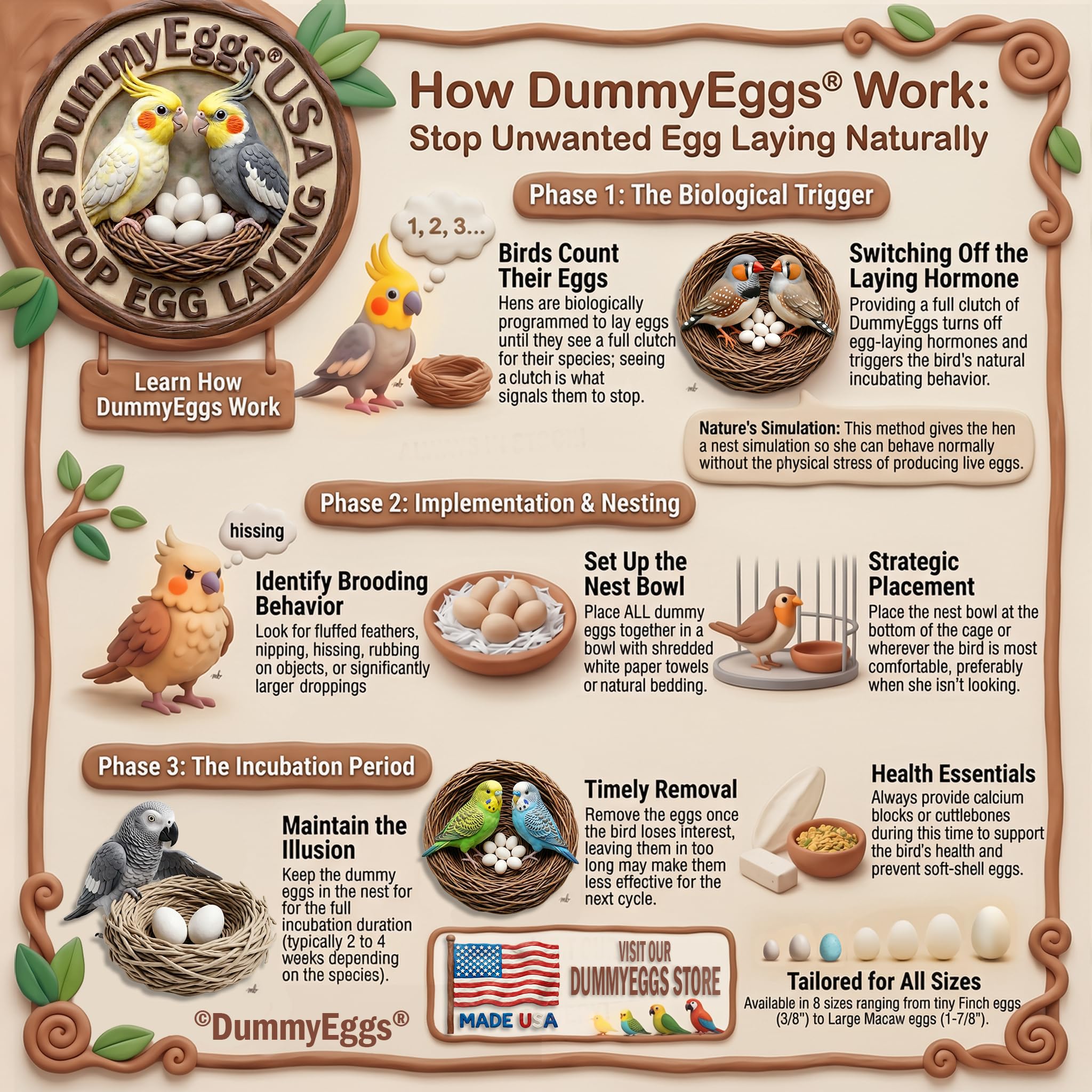 Dia Dove DE Brand USA - Huevos falsos de plástico sólido, 7 huevos falsos de periquito, loro, Dia Dove DE Brand USA