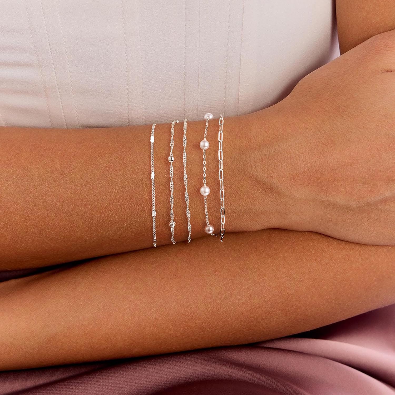 14K Silver Plated Dainty Pearl Bracelets for Women, Paperclip Chain Bracelet Stack for Women Waterproof Small Simple Cute Beaded Bracelet Set Silver Plated Pearl Jewelry Set Thin Prom Wedding Jewelry