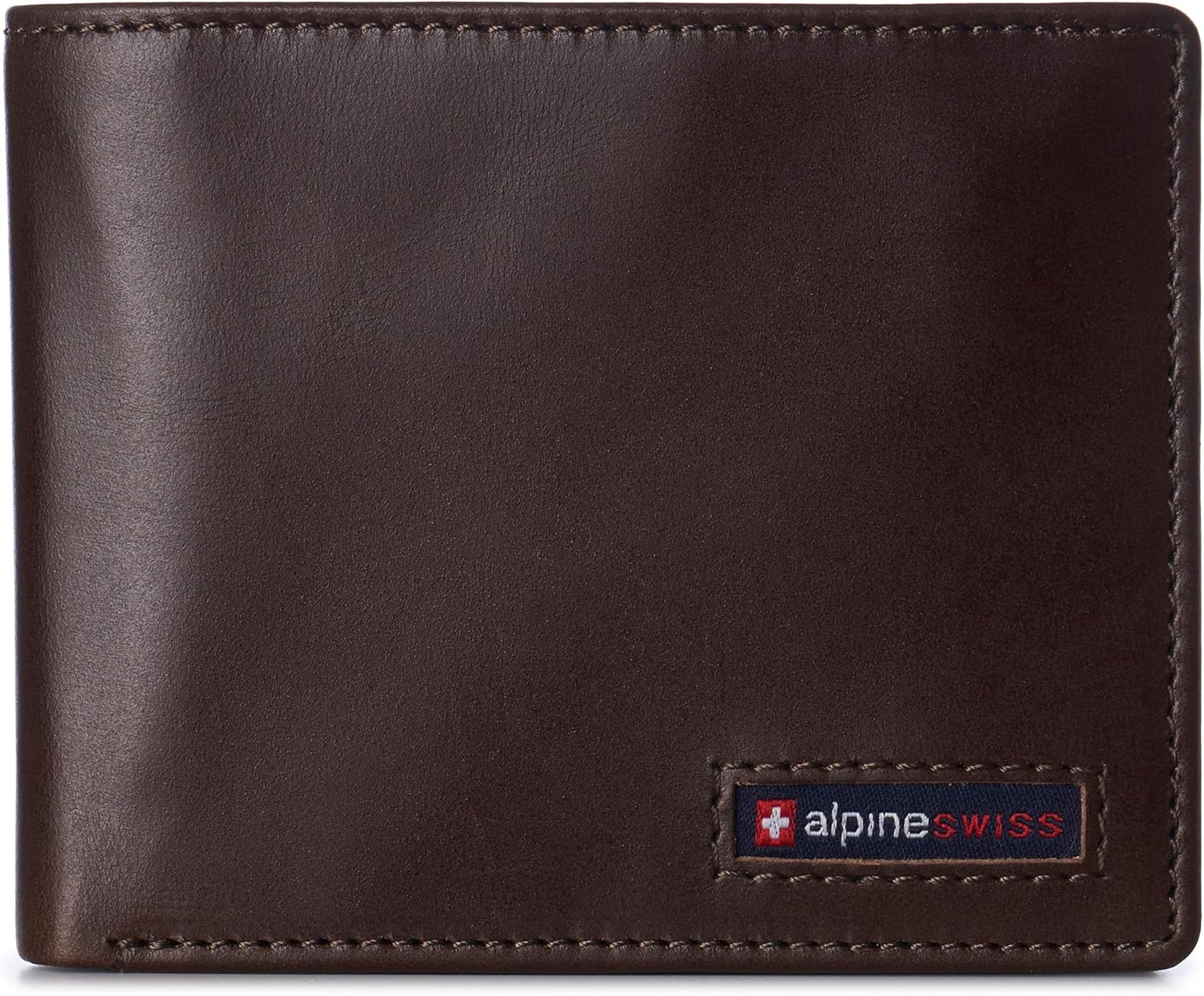 Alpine Swiss Wallet for Men Nolan Commuter Bifold Dual ID Windows for License Work Badge RFID Protection Divided Bill Section Gift Boxed Glossy Nappa Brown