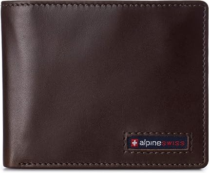Alpine Swiss Wallet for Men Nolan Commuter Bifold Dual ID Windows for License Work Badge RFID Protection Divided Bill Section Gift Boxed Glossy Nappa Brown