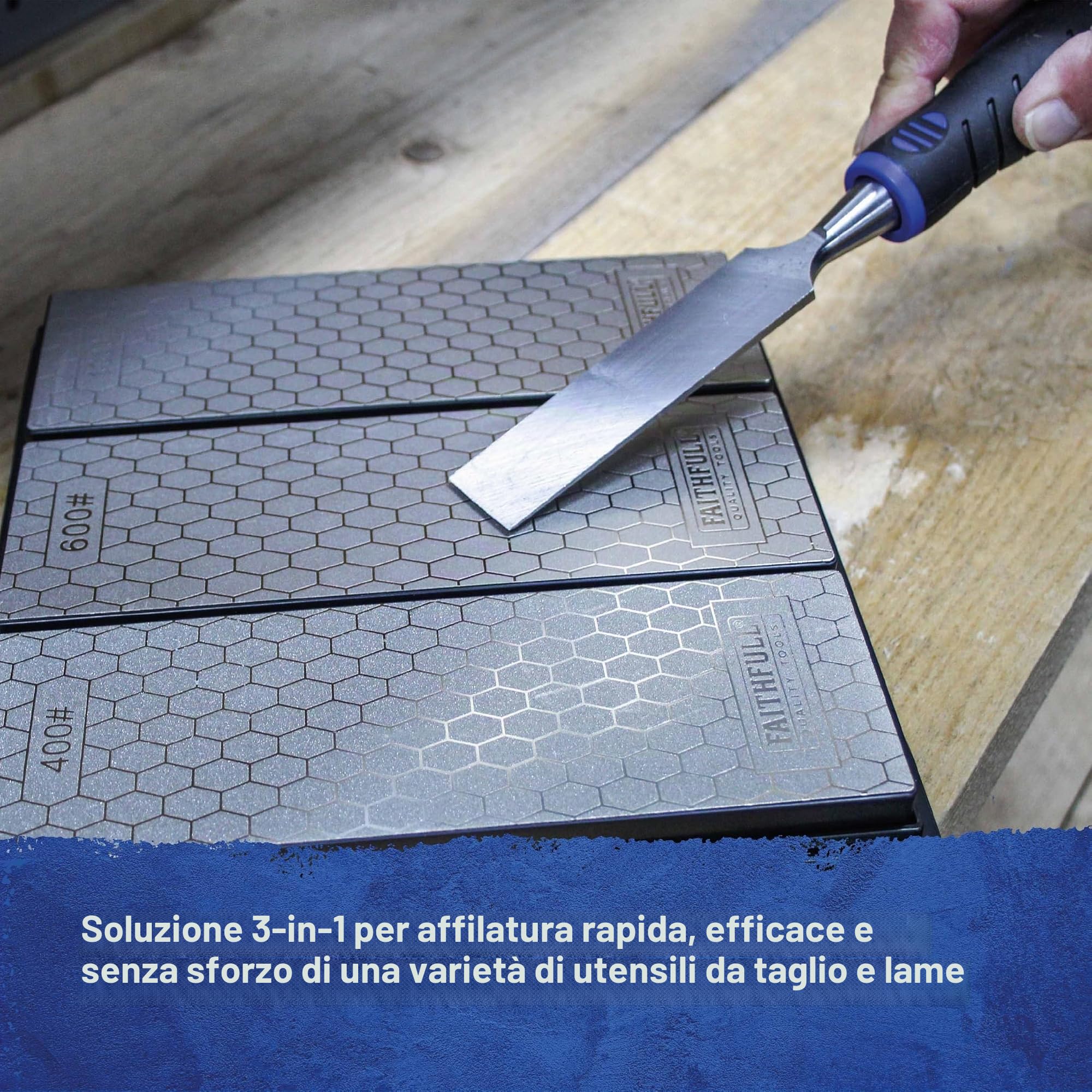 Kit di pietre diamantate Faithfull - Sistema di affilatura 3 in 1 con pietre da 400G / 600G / 1000G per coltelli, scalpelli, forbici e utensili da taglio