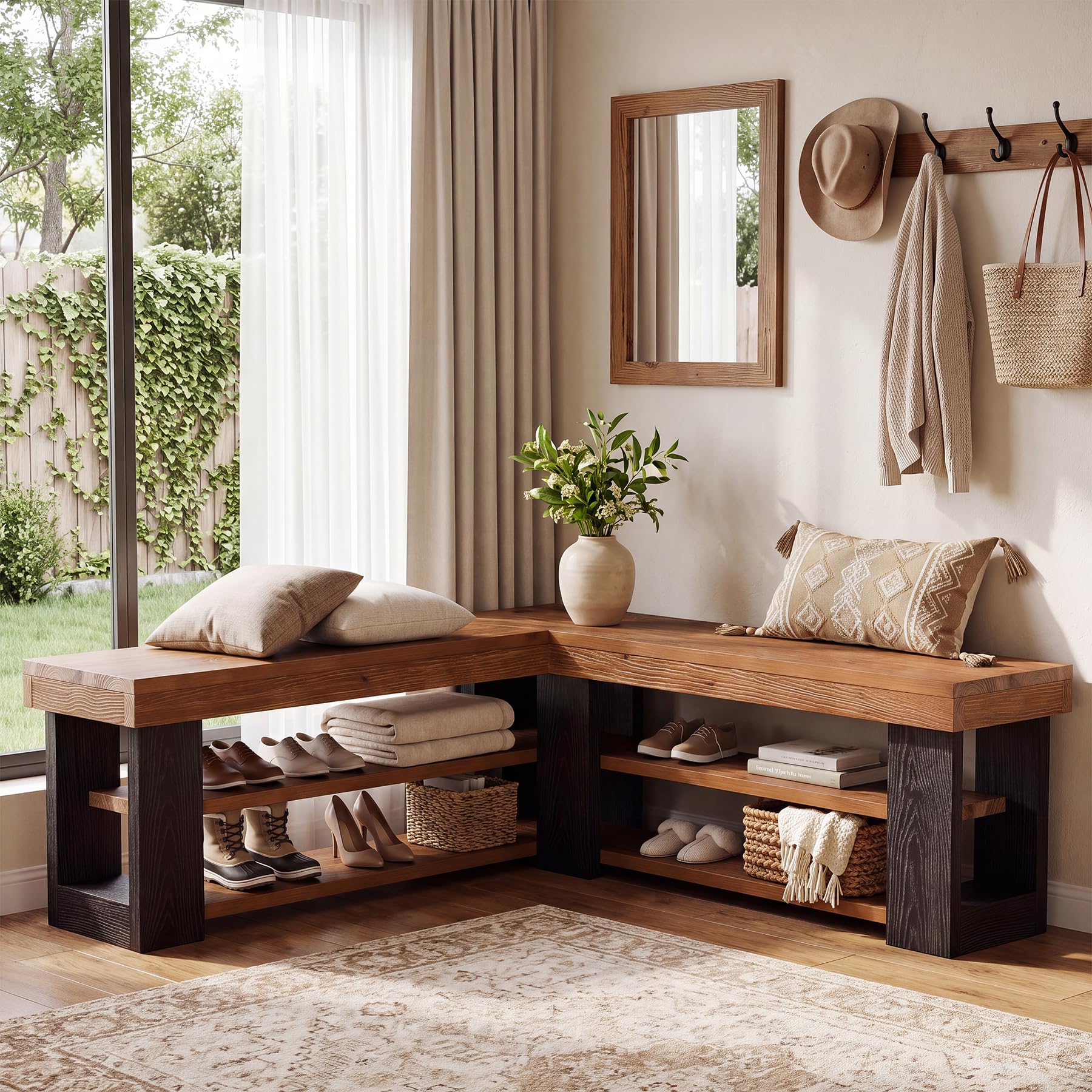 47.3" Solid Wood Corner Bench, 3-Tier L Shaped Bench for Entryway