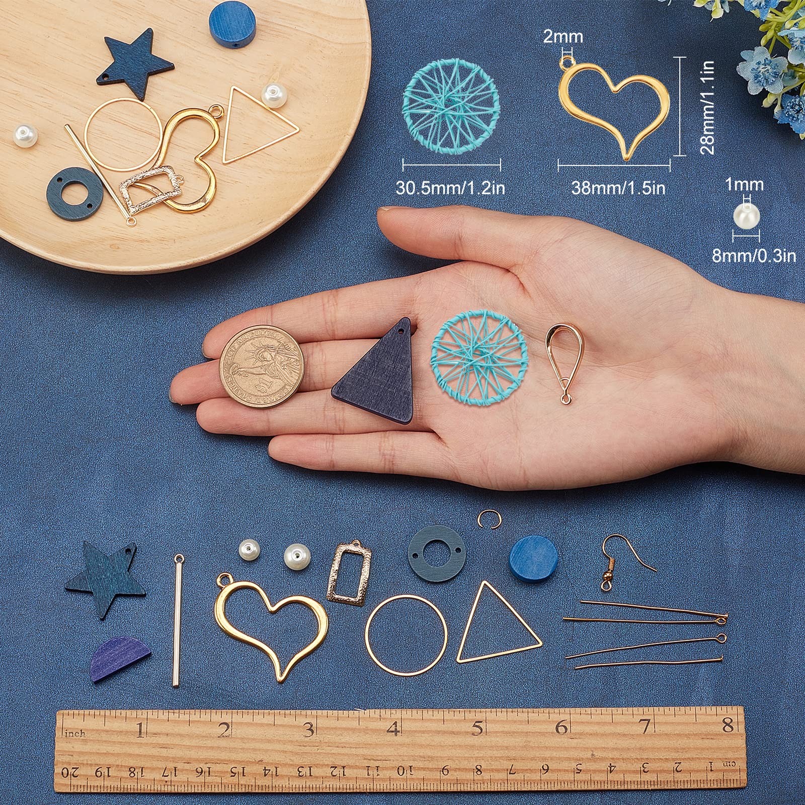SUNNYCLUE Kit Fai Da Te 10 Paia Orecchini In Legno Blu – Pendenti Geometrici, Perle Di Vetro E Accessori In Ottone – Ipoallergenico – Con Scatola Organizer E Istruzioni - 2