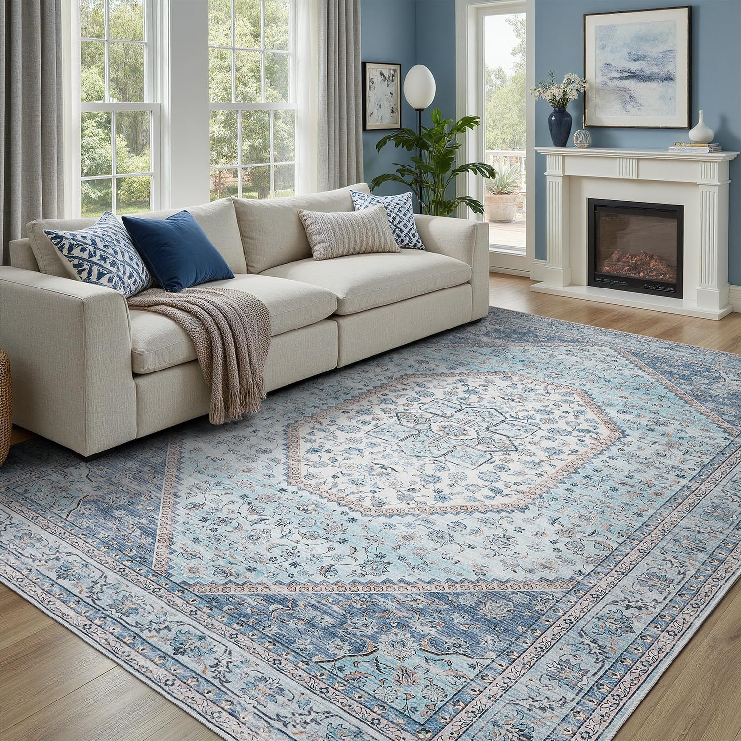 DCX Machine Washable Blue Rugs for Living Room 9x12, Non Slip Stain Resistant Vintage Floral Rug for Bedroom Nursery, Soft Low Pile Large Carpet 9' x 12' (Rectangular) Beige & Blue