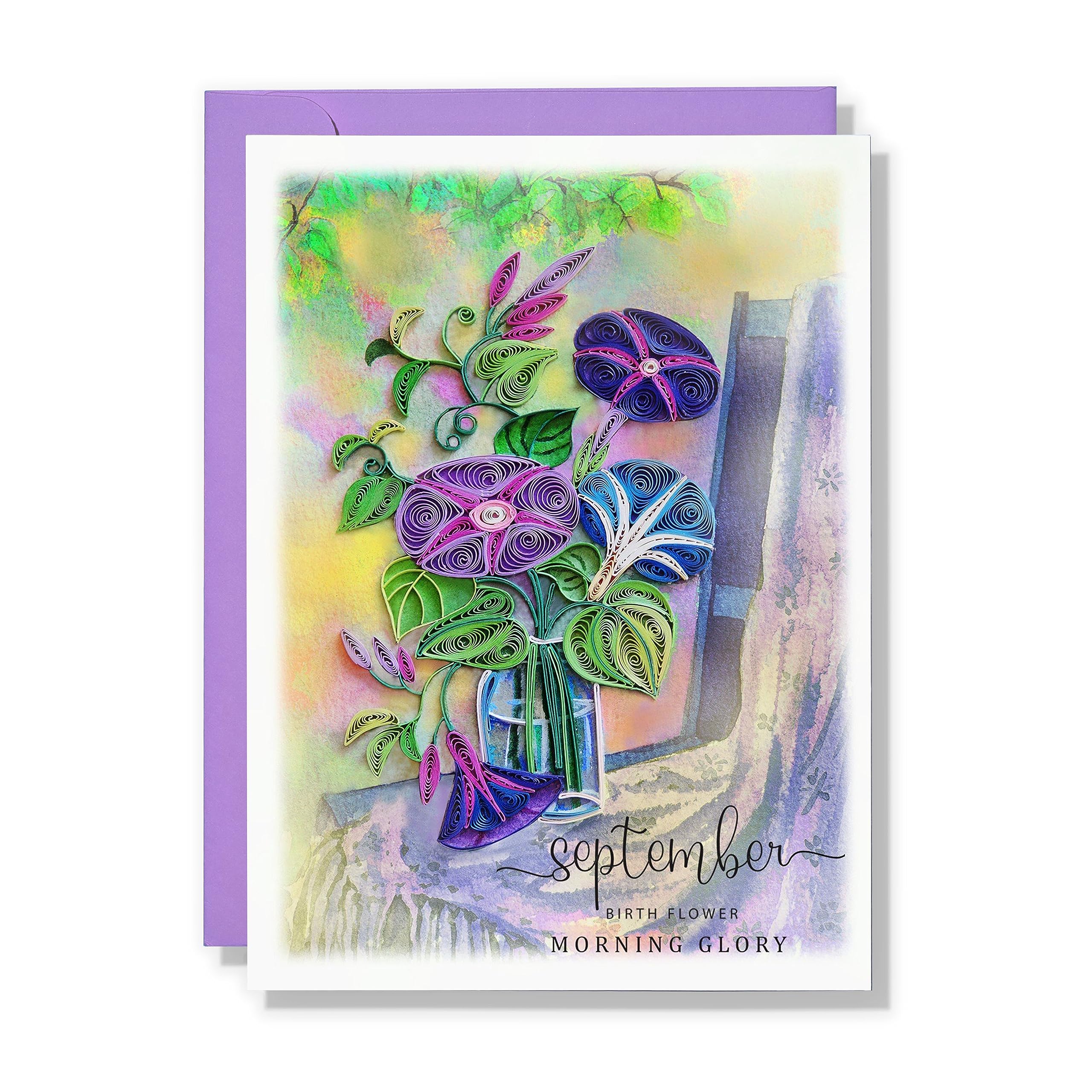 TUMYBee Quilling Card - September Morning Glory Flower, Large 5in x 7in, Floral Birthday Card for Mom, Grandmother, Daughter, Wife, Friend, Sister,