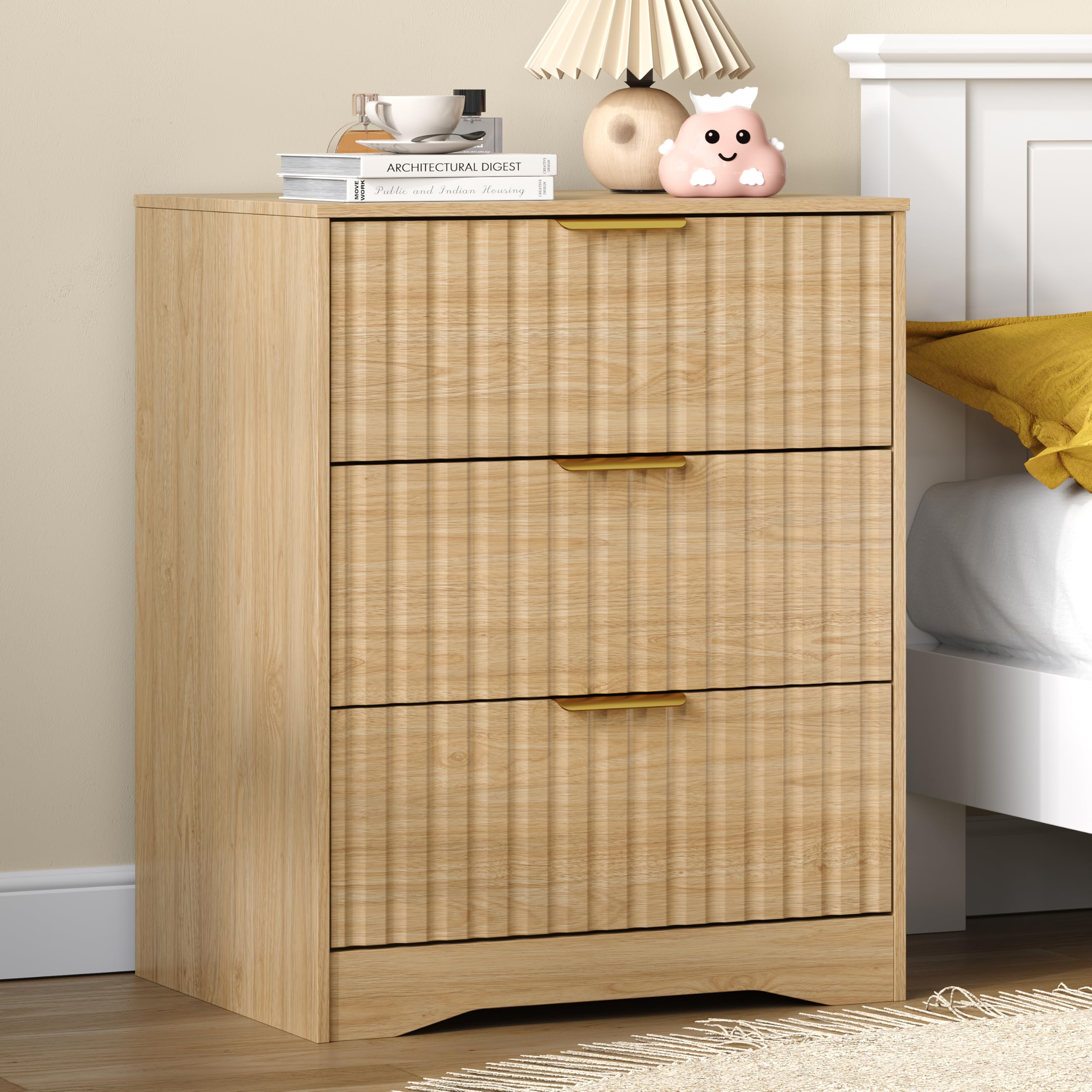 3 Drawer Dresser, Fluted Nightstand with Storage,Natural Wood