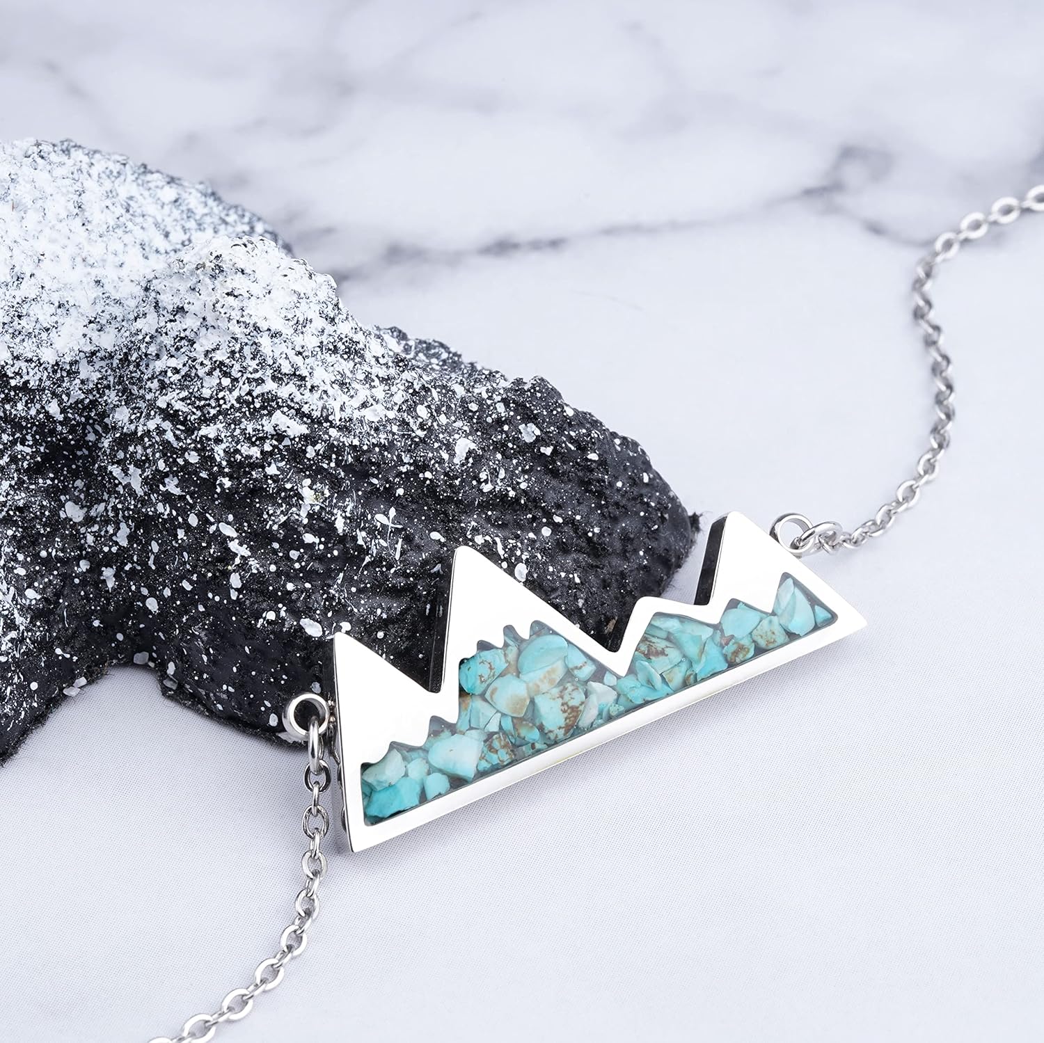 Lauren-Spencer Gemstone Mountain Necklace for Women Turquoise Malachite Tumbled Chips Stone Pendant Necklace Dainty Snowy Mountain Range Necklace for Women Nature Jewelry Gift - Image 2