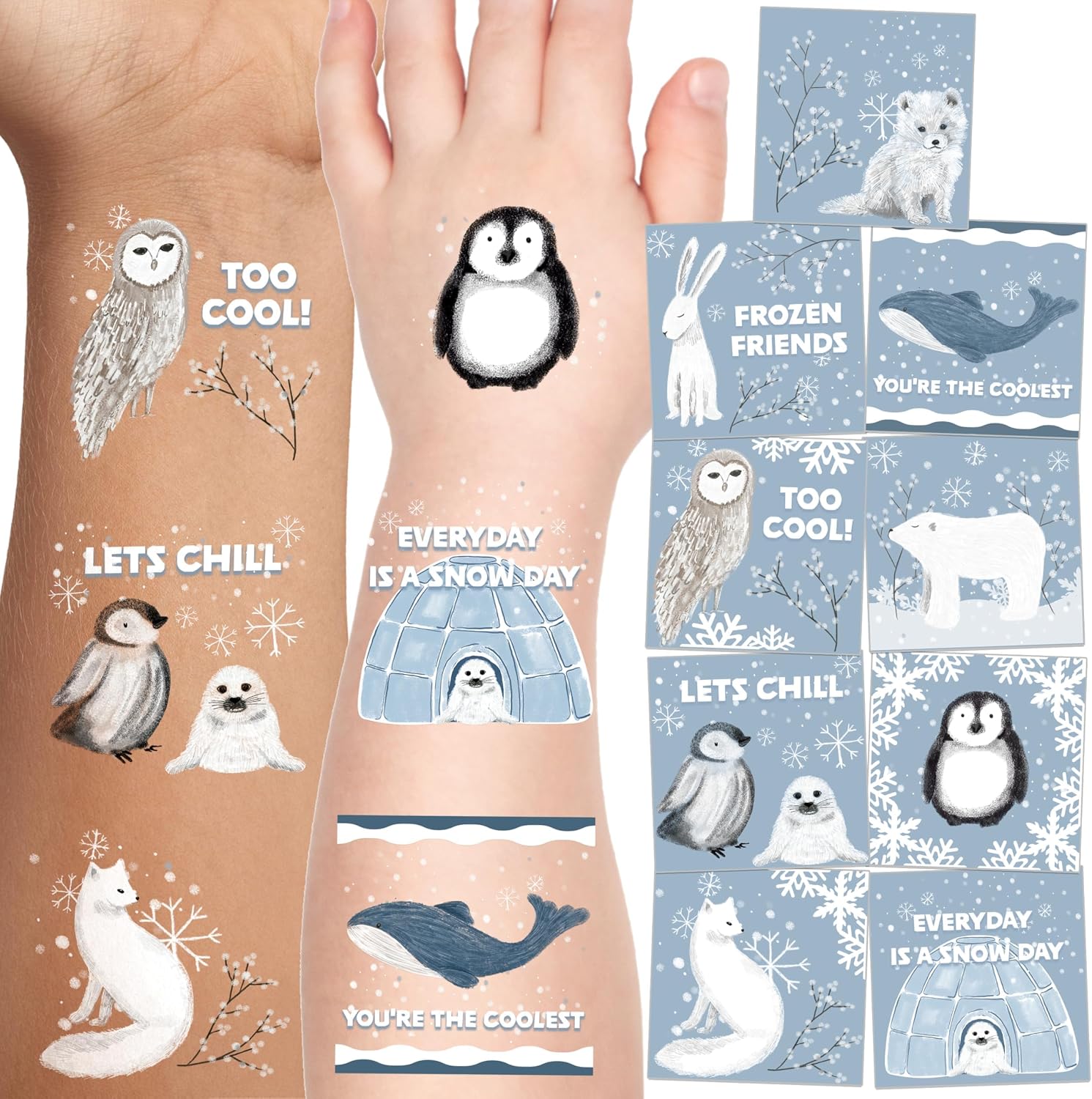 Cheerland Winter Friends Temporary Tattoos Children Artic Animal Stickers Polar Bear Rabbit Fox Whale Penguin Tattoos Owl For Baby Shower Themed Kids Party Decoration Supplies 108pcs