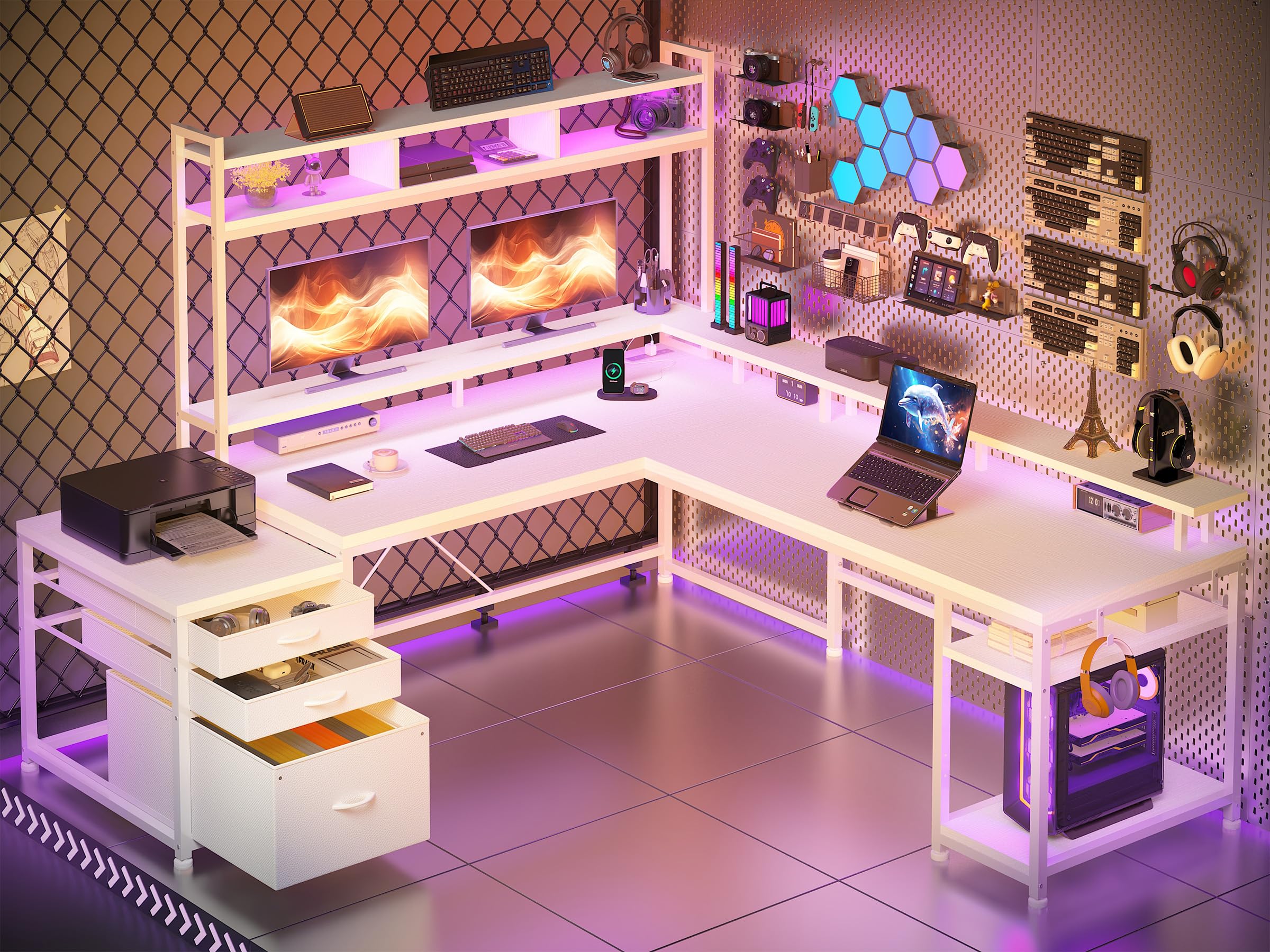 EnHomee 64 x 60 Inches L Shaped Desk with Hutch and Drawers, Gaming Desk with Led Lights, Corner Computer Desk with Monitor Shelf, Office Desk with Power Outlet for Home Office, Bedroom, White