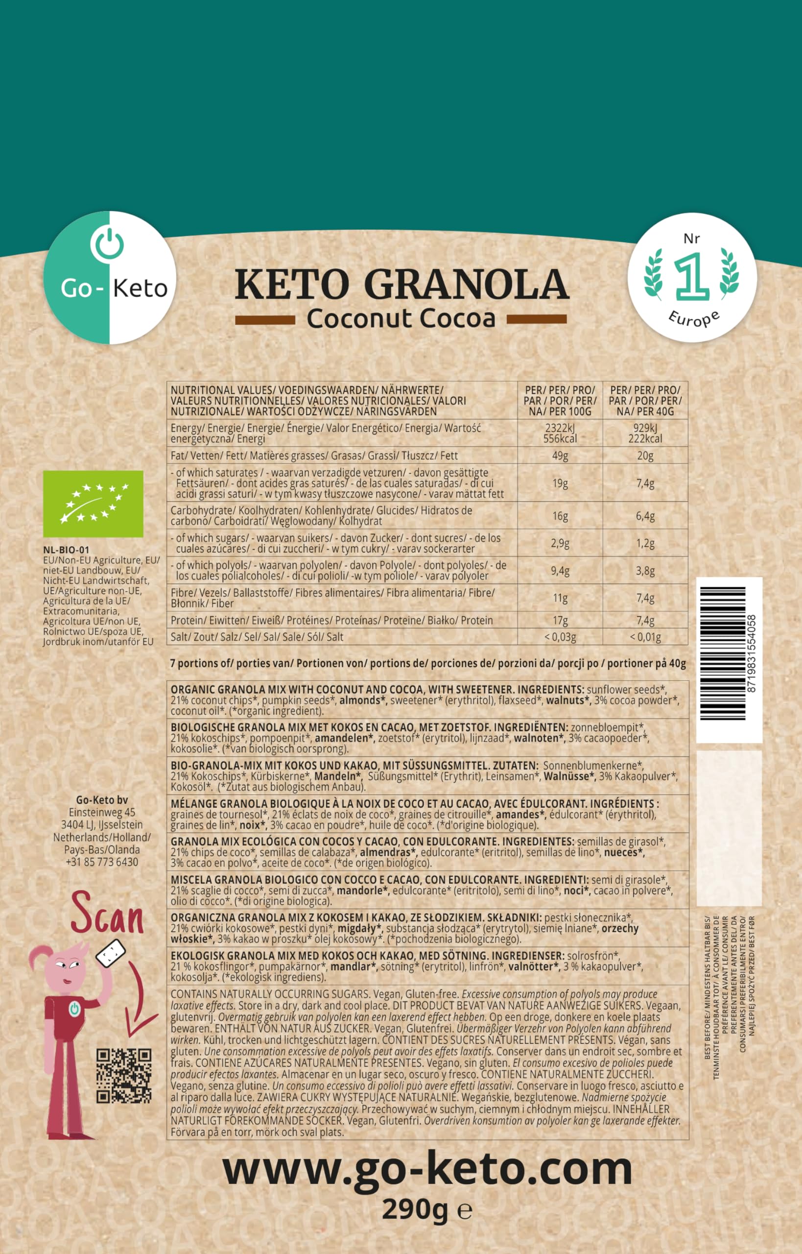 Go-Keto BIO Keto Granola Coconut Cocoa 6x 290g - Muesli Keto pour un petit déjeuner Keto, avec chips de noix de coco, noix, graines de tournesol & pépins de courge, végétalien, sans gluten
