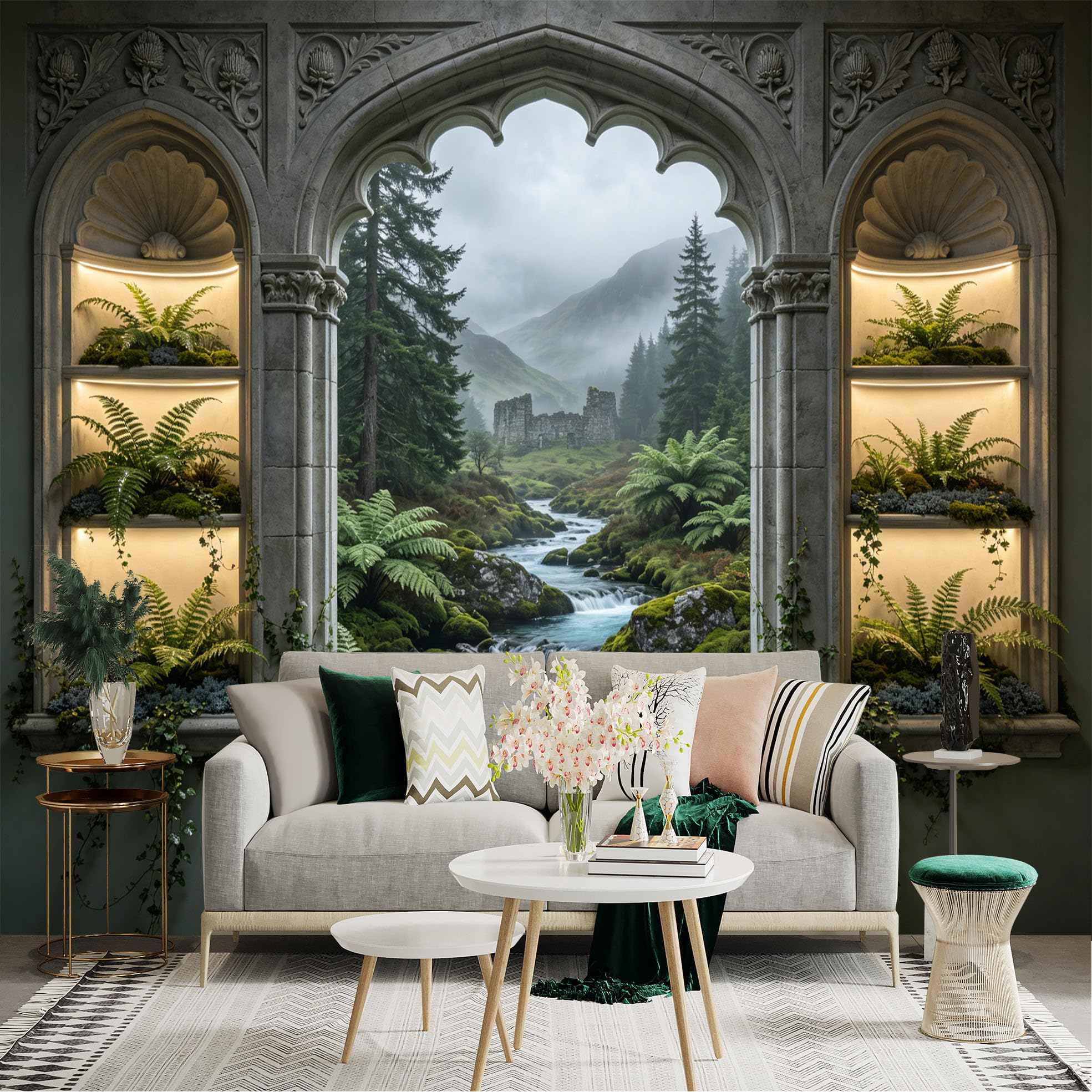 Lnzczhyre Dbh260521040 Custom Size Wall Sticker Mural， Stone Archway View， Mist Forest Stream， Ancient Ruins， Lush Ferns， For Wall Decoration， Peelandstick Wall Decals.