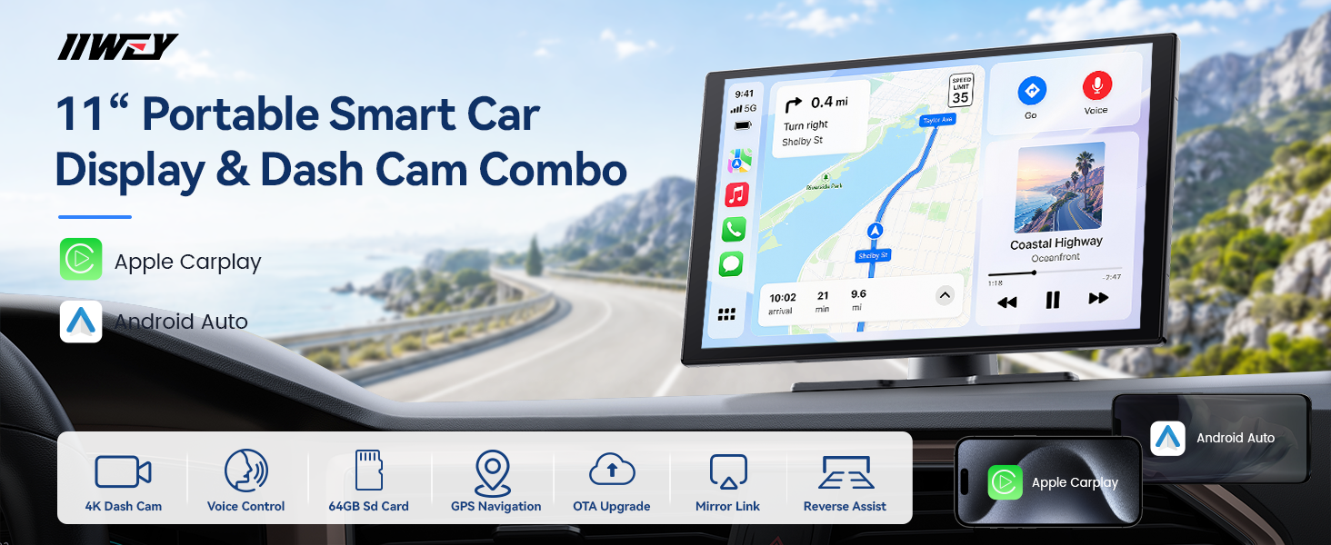 Amazon.com: 11'' Wireless CarPlay Screen with 4K Dash Cam, HD