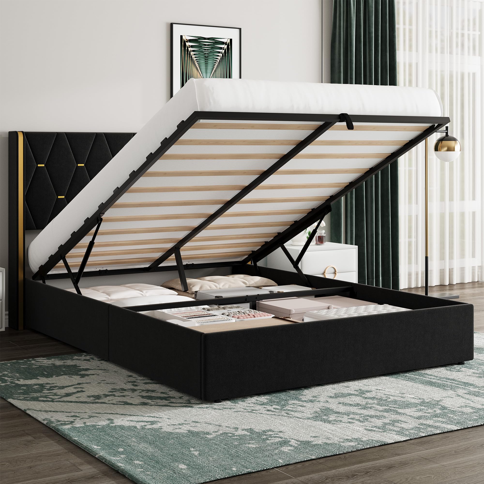 Garvee Queen Size Lift Up Storage Bed Frame with with Gold Wingback Headboard, Velvet Upholstered Bed Frame with Diamond Tufted Design & Gold Trim,