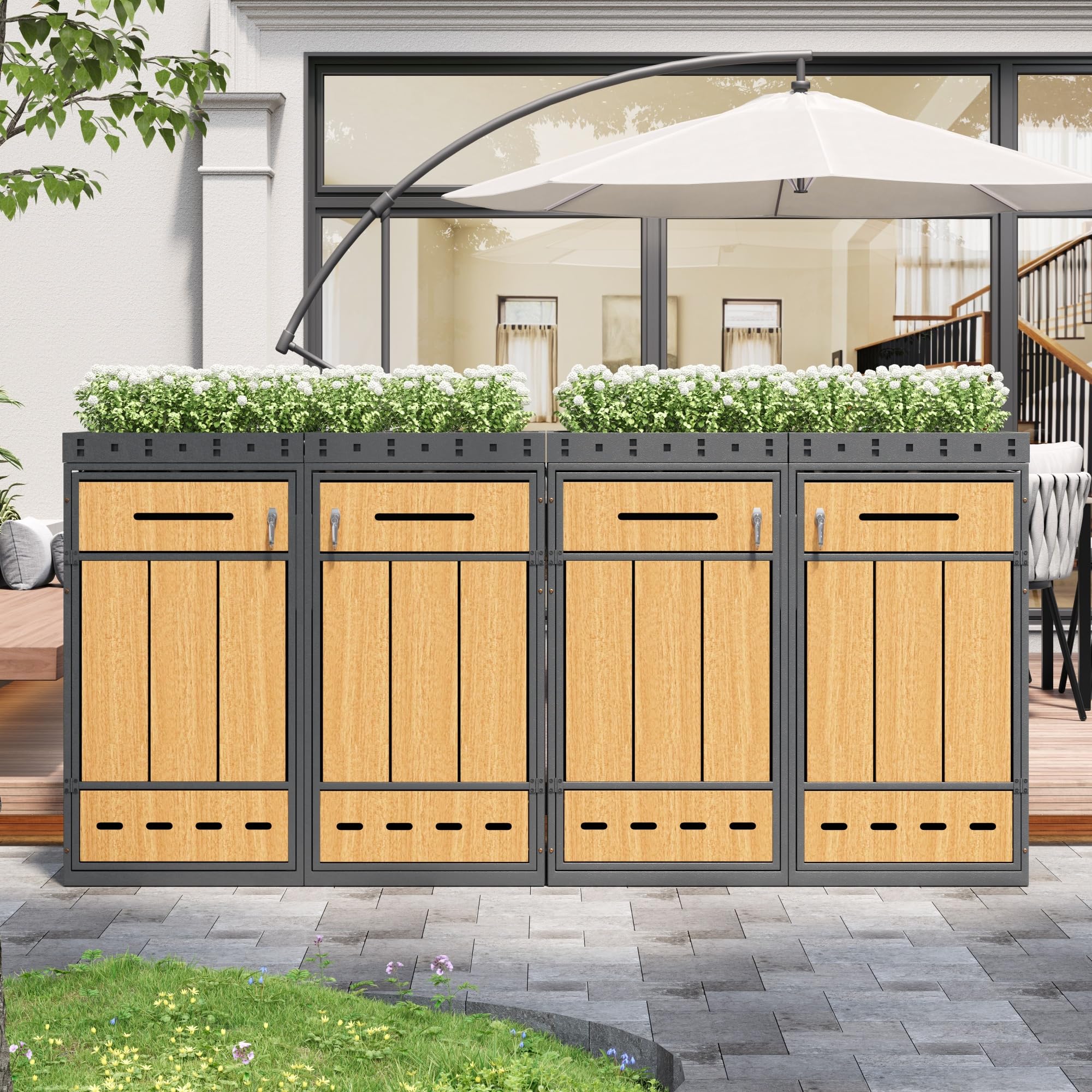 Mülltonnenbox 4er mit Pflanzdach und Türfüllung in Holzoptik 120-240 L, Mülltonnenboxen Mülltonnenverkleidung ist EIN Griff mit Schlüssel Angebracht, Gartenmöbel Müllcontainer, Grau+Holzfarbe