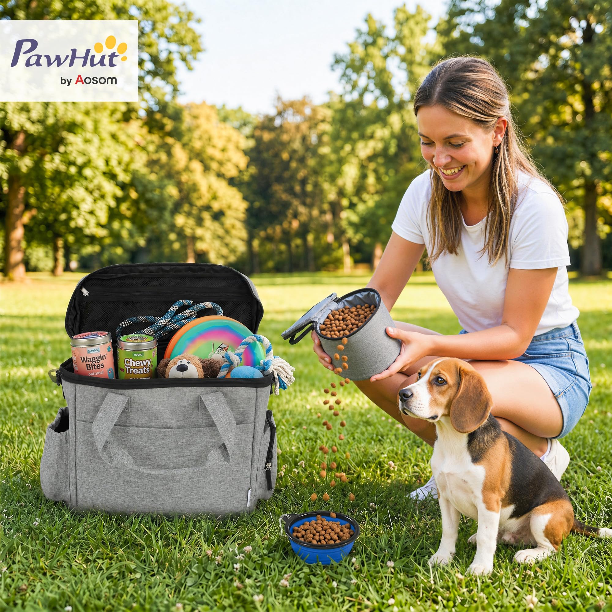 PawHut Sac de Transport pour Chien et Chat, Sac de Voyage pour Chien avec Poches, 2 Sacs à Nourriture, Bol Pliable en Silicone, Séparateur Réglable, Sac à Friandises pour Chien Chat, Gris Clair