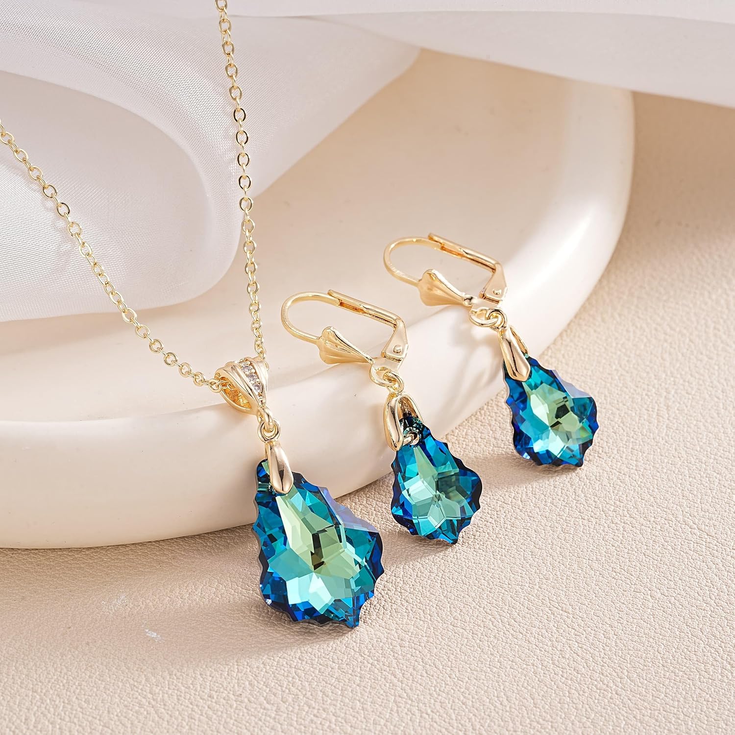 EVEVIC Austrian Crystals Baroque Pendant Necklace Earrings for Women 14K Gold Plated Hypoallergenic Leverback Drop Dangle Earrings Jewelry Set - Image 4