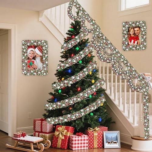 Miniatura 6 de Decoraciones de Navidad de 50 pies, guirnalda de oropel de Navidad con copo de nieve brillante metálico torcido rojo, verde plateado, guirnalda de