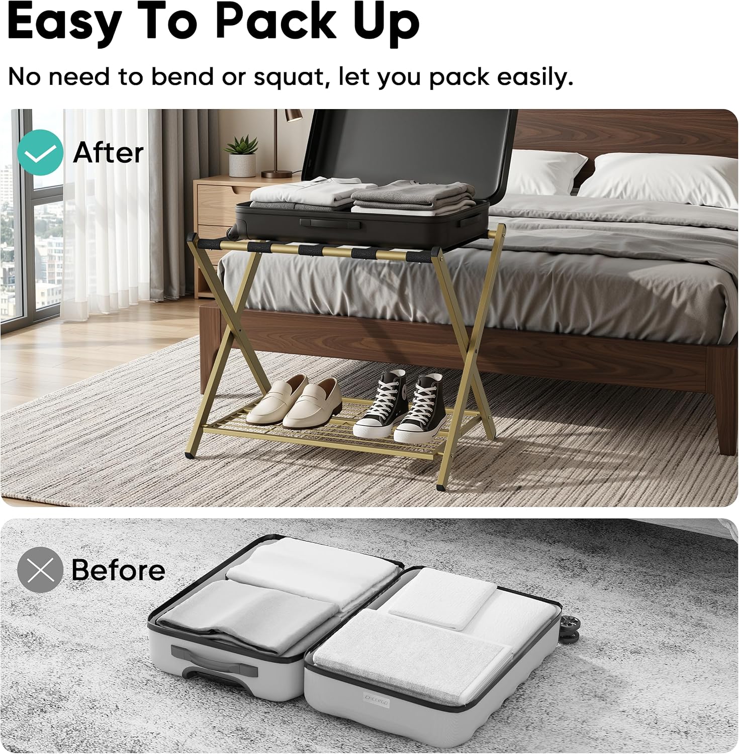 Smuxee Fully Assembled Gold Luggage Rack set of 2, Foldable Iron Suitcase Stand with 5 Nylon Straps, Luggage Holder with Shelf for Guest Room Bedroom Hotel