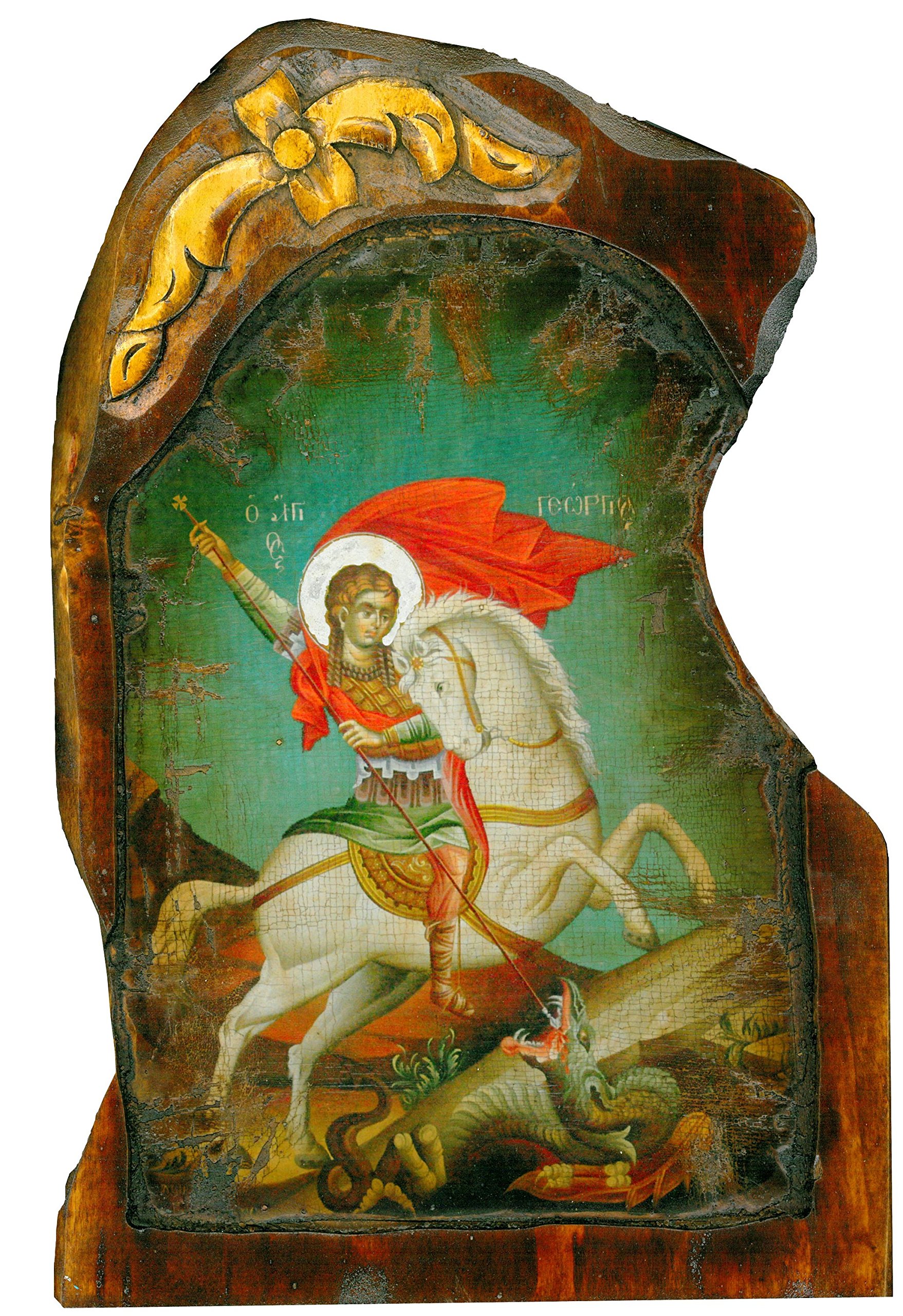 Icône en bois Saint Georges chrétienne orthodoxe, art grec fait main pour la protection