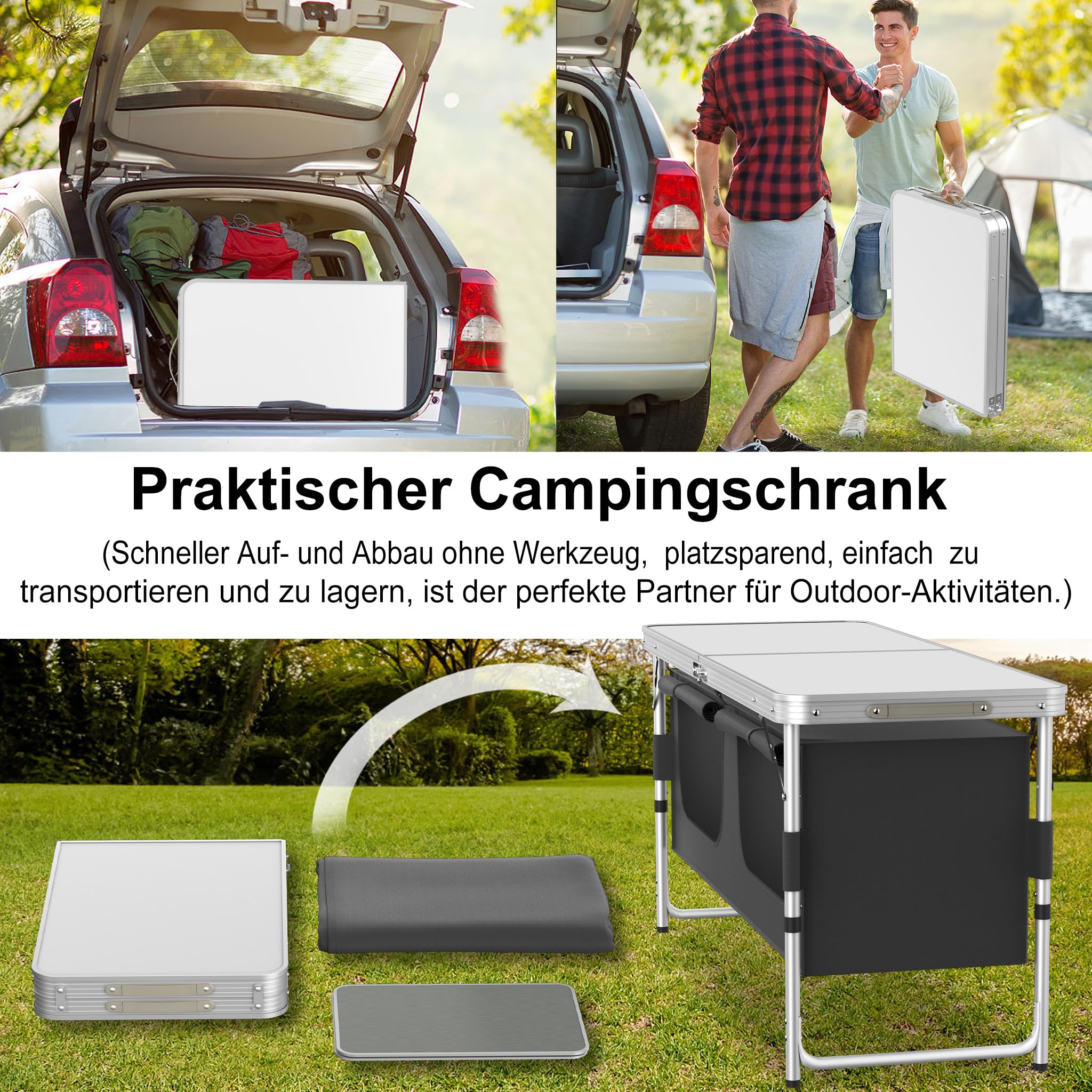 FIVMEN Campingküche Faltbar Campingschrank mit Aluminiumgestell und Staufächer Höhenverstellbar Reiseküche Küchenbox Zeltschrank Camping Zubehör für Outdoor Camping Küche, 120x47x54 cm