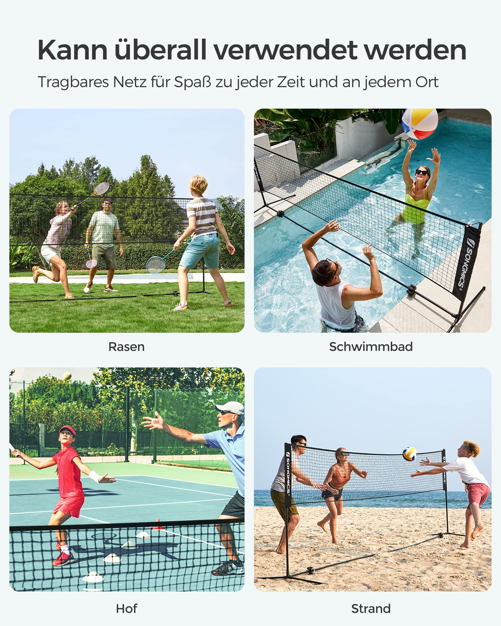 SONGMICS 300 cm/400 cm/500 cm Badmintonnetz, Volleyballnetz, höhenverstellbare Stangen, tragbares Set für Tennis, Beach-Volleyball, für Garten, Park, Outdoor